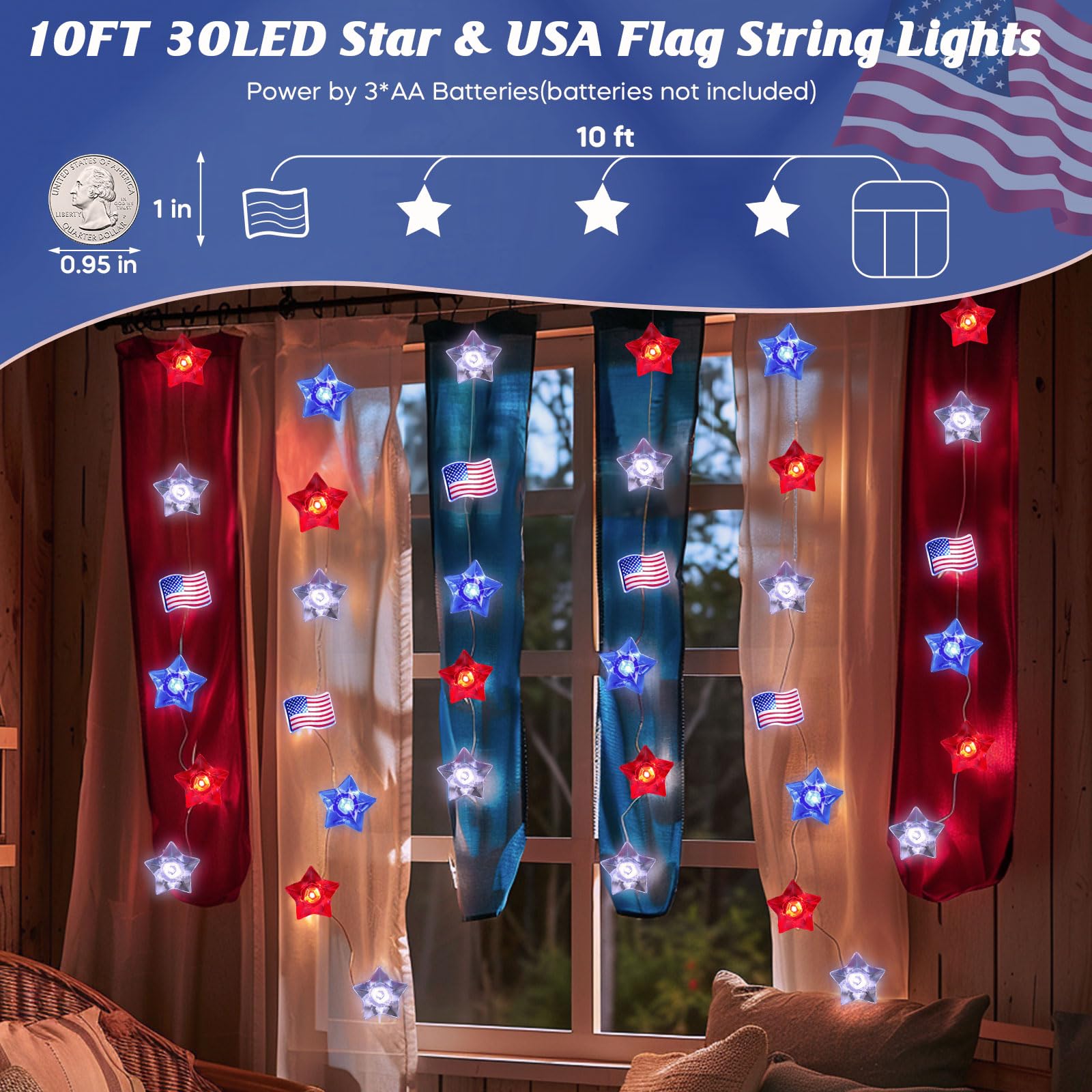 Coquimbo 4Th Of July Decorations Red White Blue String Lights, 10Ft 30 Led Flag Star Patriotic Lights Battery Operated For Indoor Outdoor Memorial Day Independence Day
