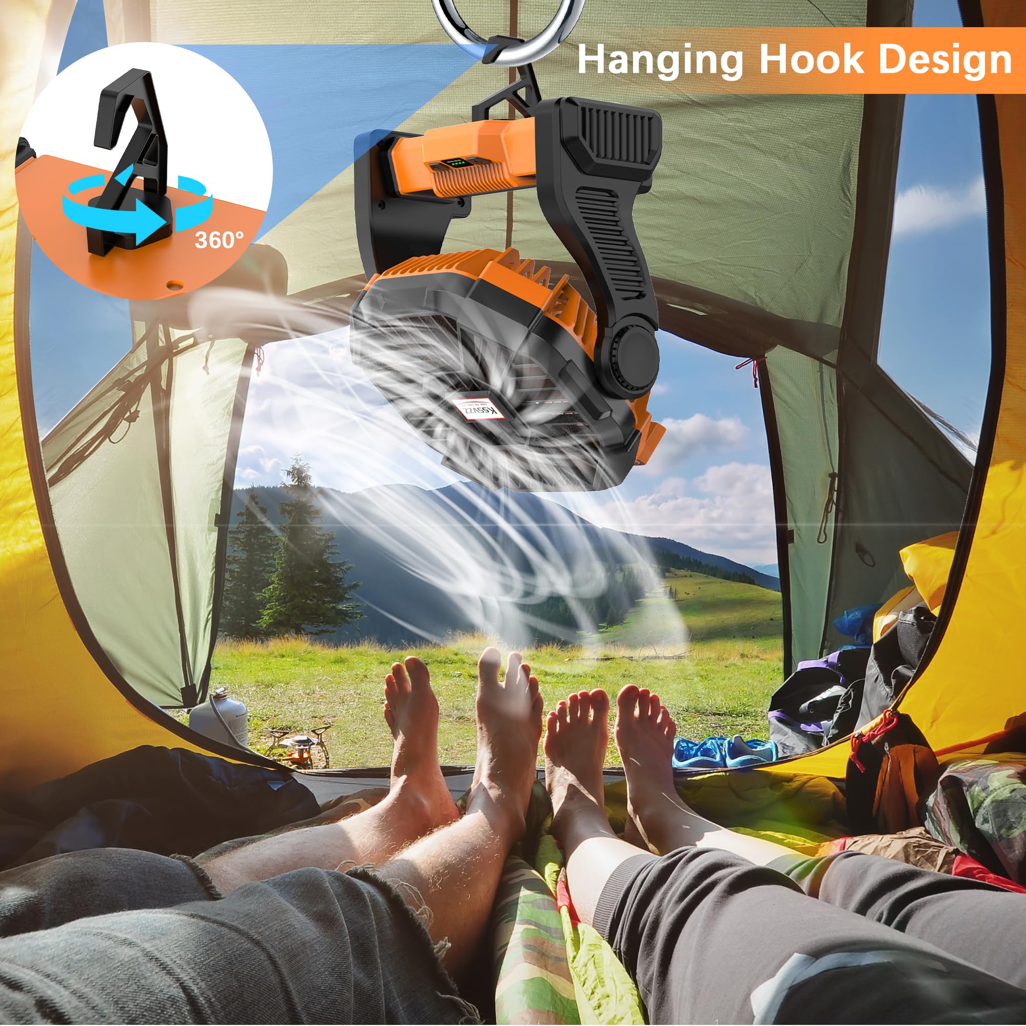 Portable Camping Fan Rechargeable With Led Lantern - 20000Mah Cordless Battery Powered Fan, 4 Speed