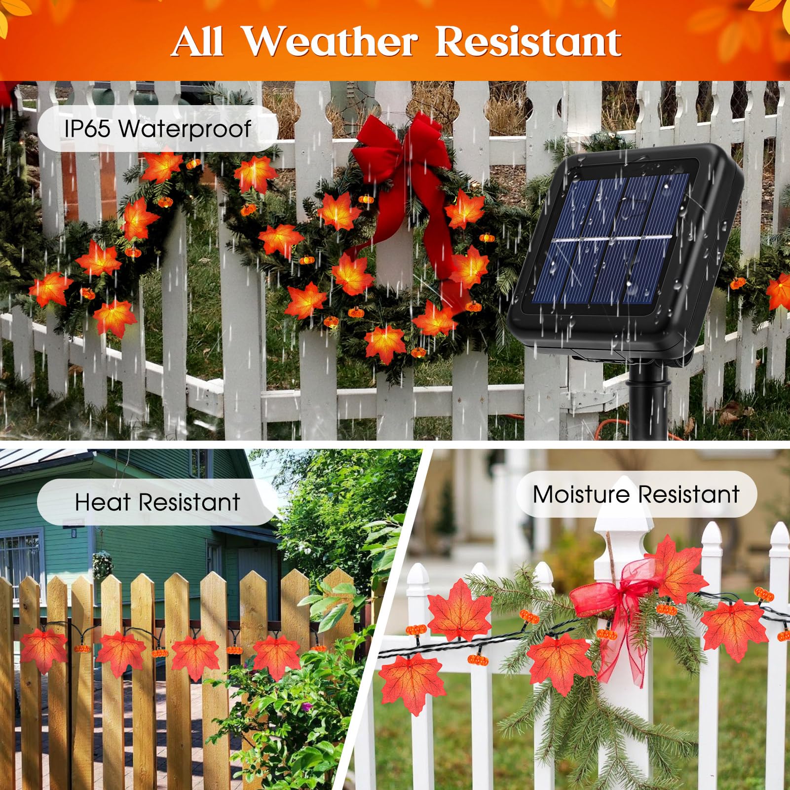Reyeeinc Fall Solar Lights Outdoor Decorative, 39Ft 100 Leds And 8 Modes Solar Lights Thanksgiving Decorations Outdoor Maple Pumpkin String Garland For Autumn Outside Garden Harvest Party Halloween Decor