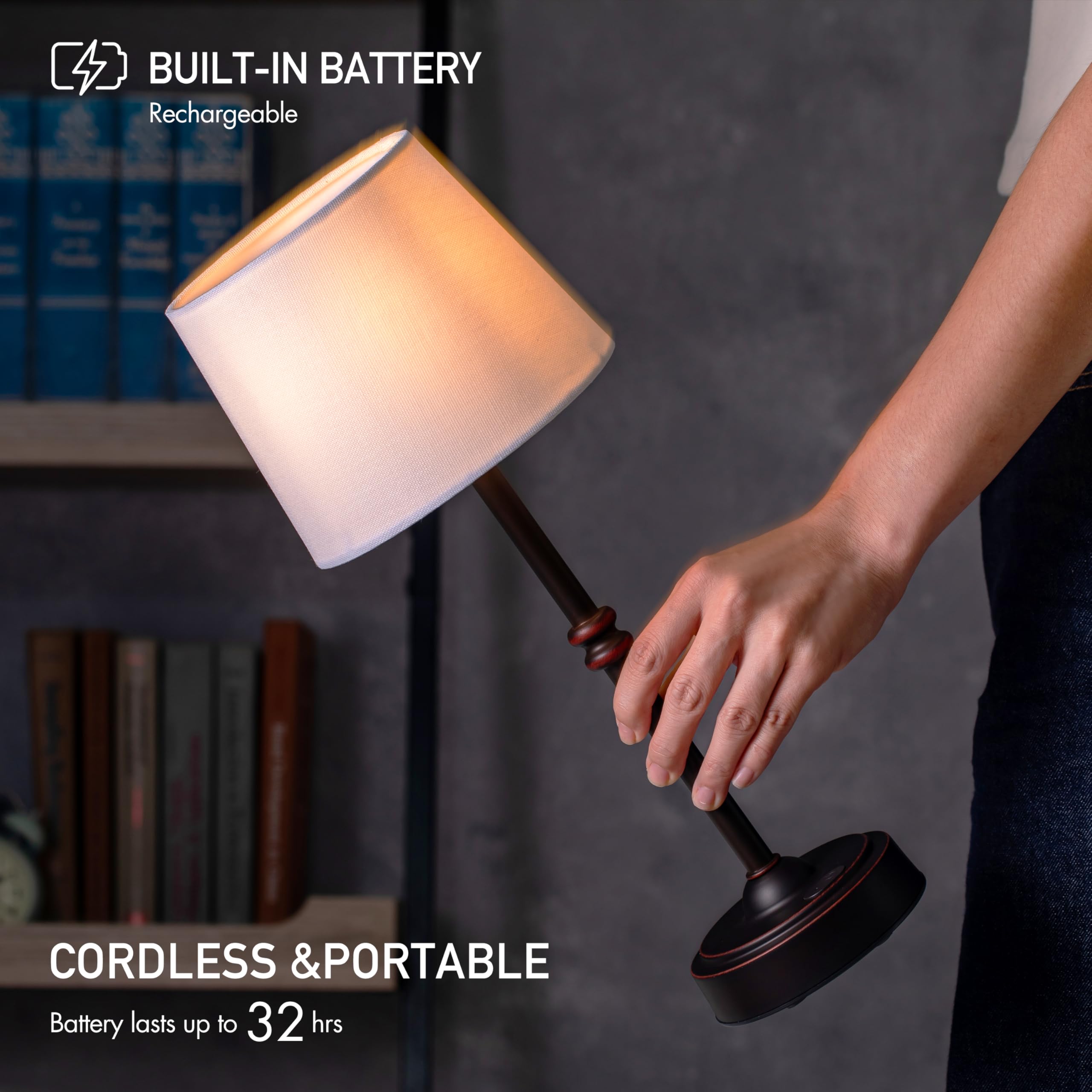O'Bright O’Bright Seraph - Cordless Led Table Lamp With Dimmer, Built-In Rechargeable Battery, 3-Level Brightness, Patio Table Lamp, Bedside Night Lamp, Ambient Light For Restaurant, Oil Rubbed Bronze