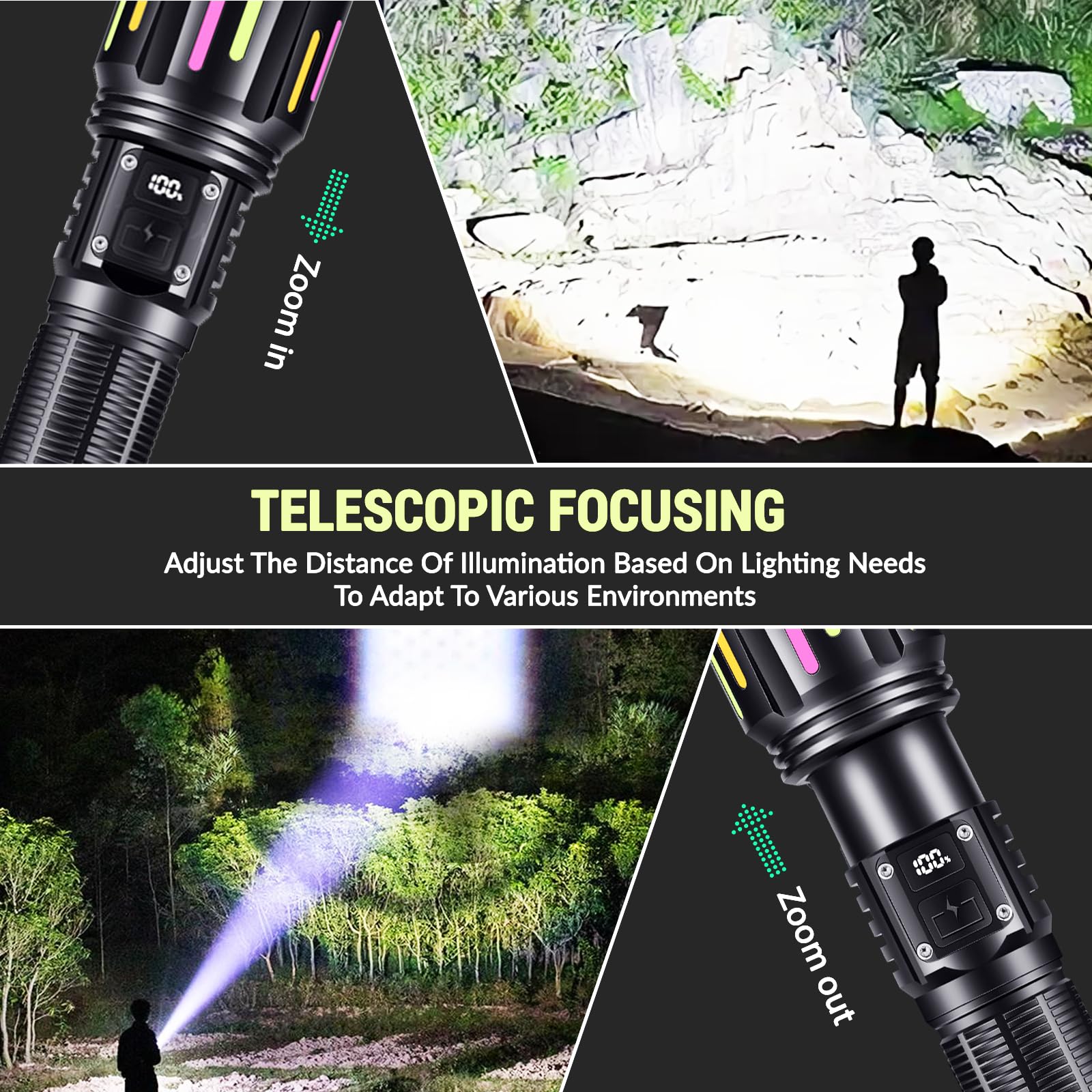 Gattlelic Rechargeable Flashlights High Lumens Led Flashlights Adjustable 5 Modes Telescopic Zoom Waterproof Handheld Flashlight With Usb Cable, For Camping Hiking Outdoor Emergency