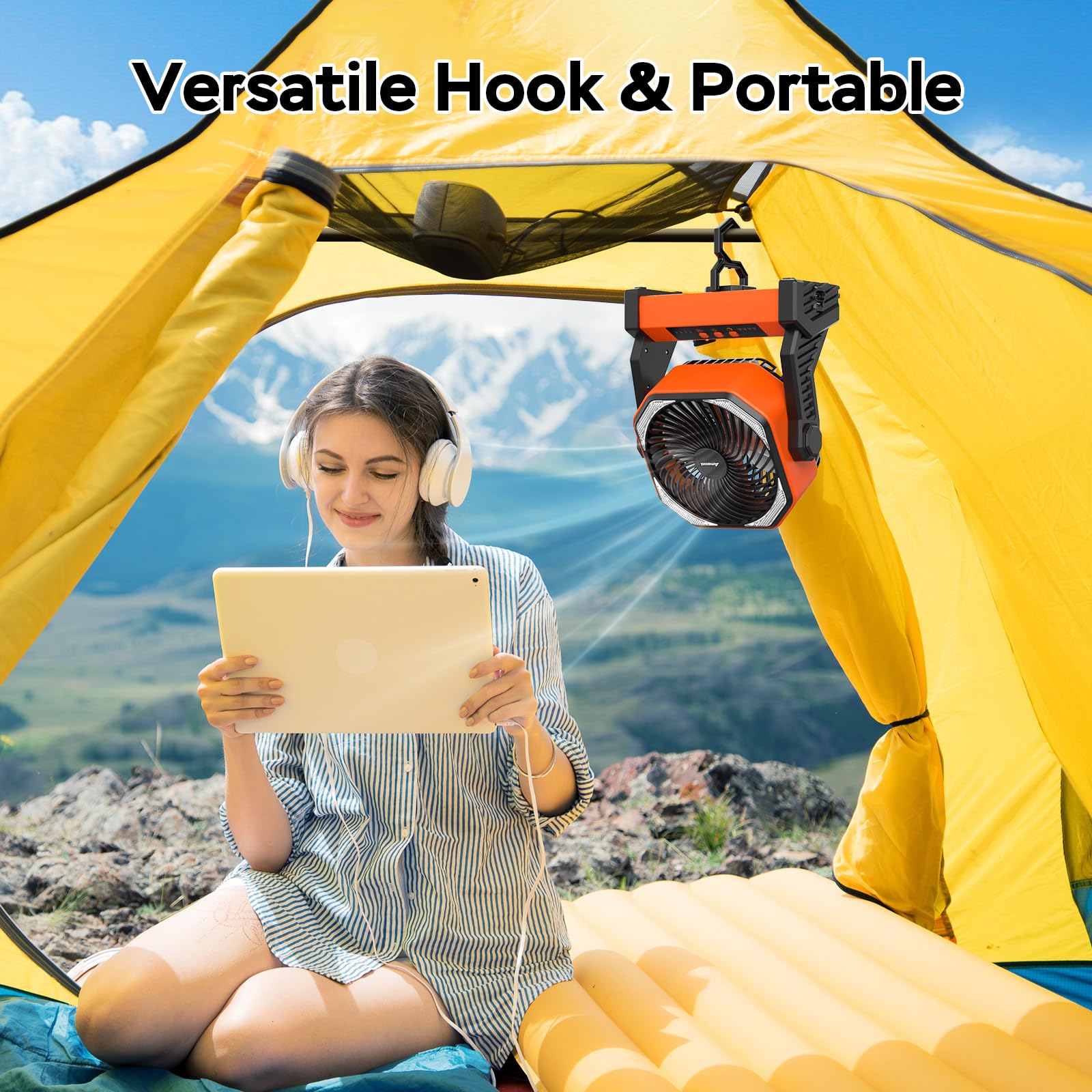 20000mAh rechargeable camping fan with 4-speed settings, LED light, and battery operation for outdoor cooling
