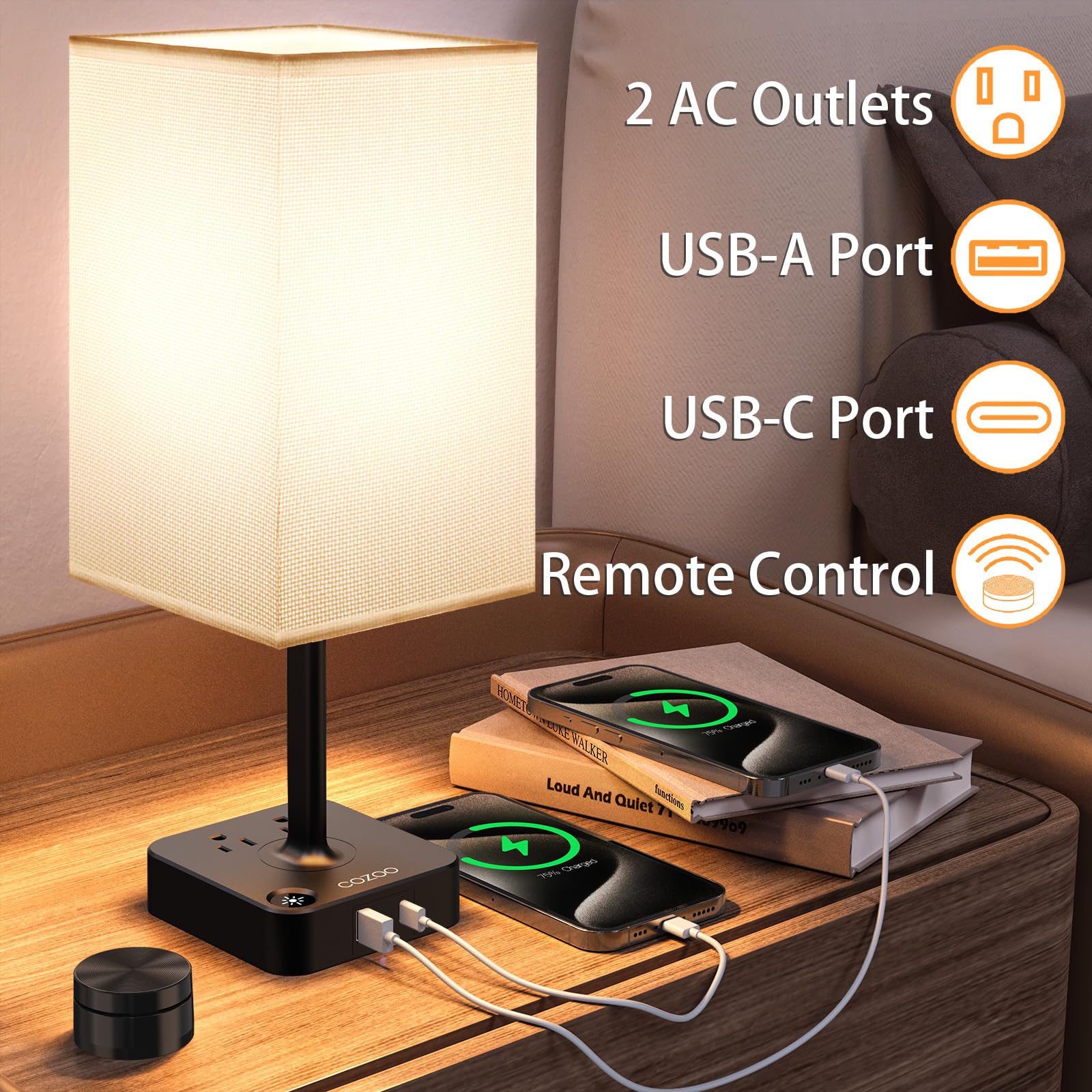 Cozoo Bedroom Table Lamp With Remote Operation Control,Dimmable Bedside Table Desk Lamp With Usb C+A Charging Ports 2 Ac Outlets,Nightstand Lamp White Shade Lamp For Living Room,Dorm,Home Office,Decor