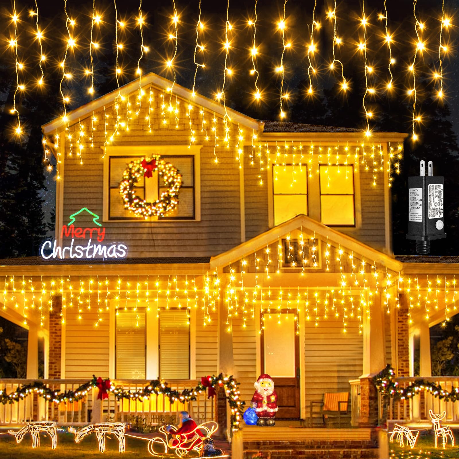 Einiiya 400 Led Christmas Lights Outdoor Waterproof, 33Ft Icicle Lights For Outside 8 Modes With 75 Drops, Plug In Icicle Christmas Light Outdoor For Holiday Wedding Christmas Decorations, Warm White