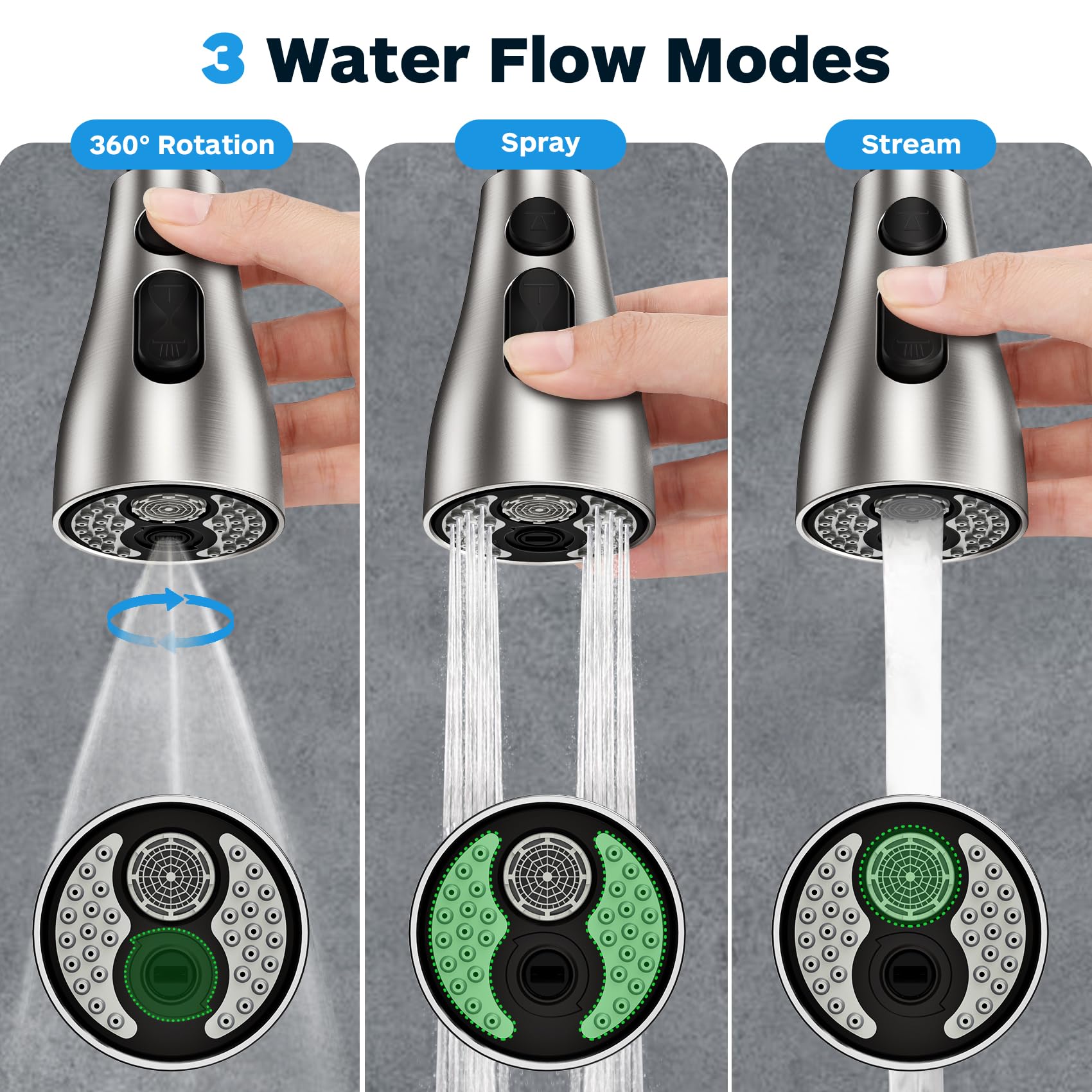 Ifaucet Kitchen Faucet Head Replacement 3 Modes With 17 Adapters, Pull Down Spray Head For Kitchen Faucet, Kitchen Sink Faucet Head G 1/2, Sprayer Head Replacement, Compatible With Moen，Delta, Kohler Faucets