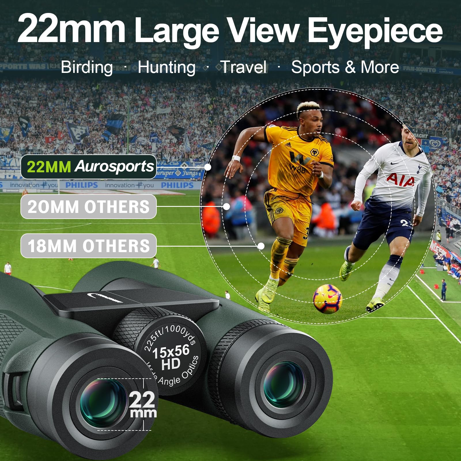 Aurosports 15X56 Binoculars For Adults High Powered - Hd Large View Binoculars With Clear Low Light Vision - Lightweight Easy Focus Bird Watching Hunting Hiking Cruise Travel - Green