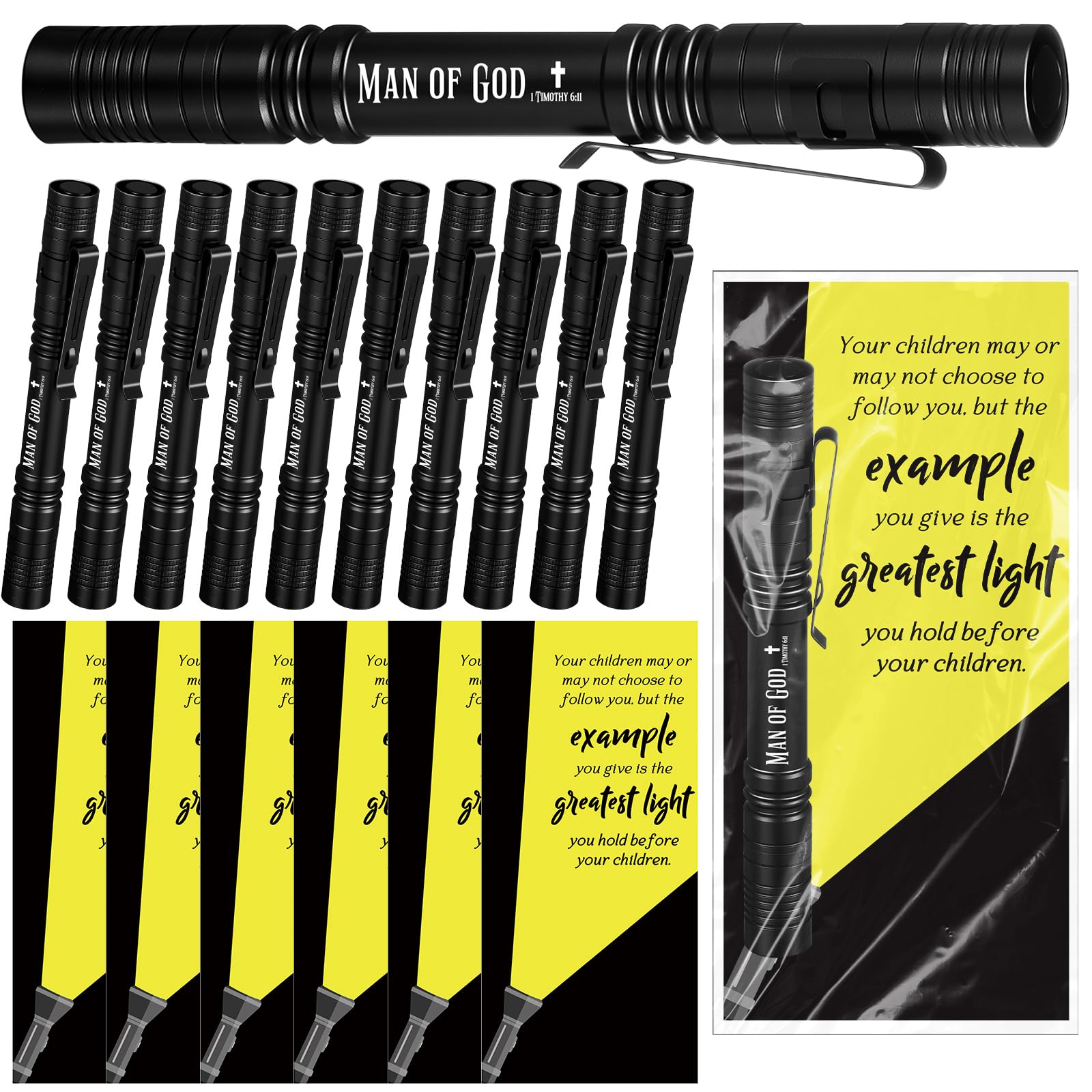 Coume 10 Sets Fathers Day Pen Flashlight  For Men Small Pocket Flashlight With Motivational Bible Verse Cards Appreciation  For Church Bulk Dad Husband, Not Include Batteries