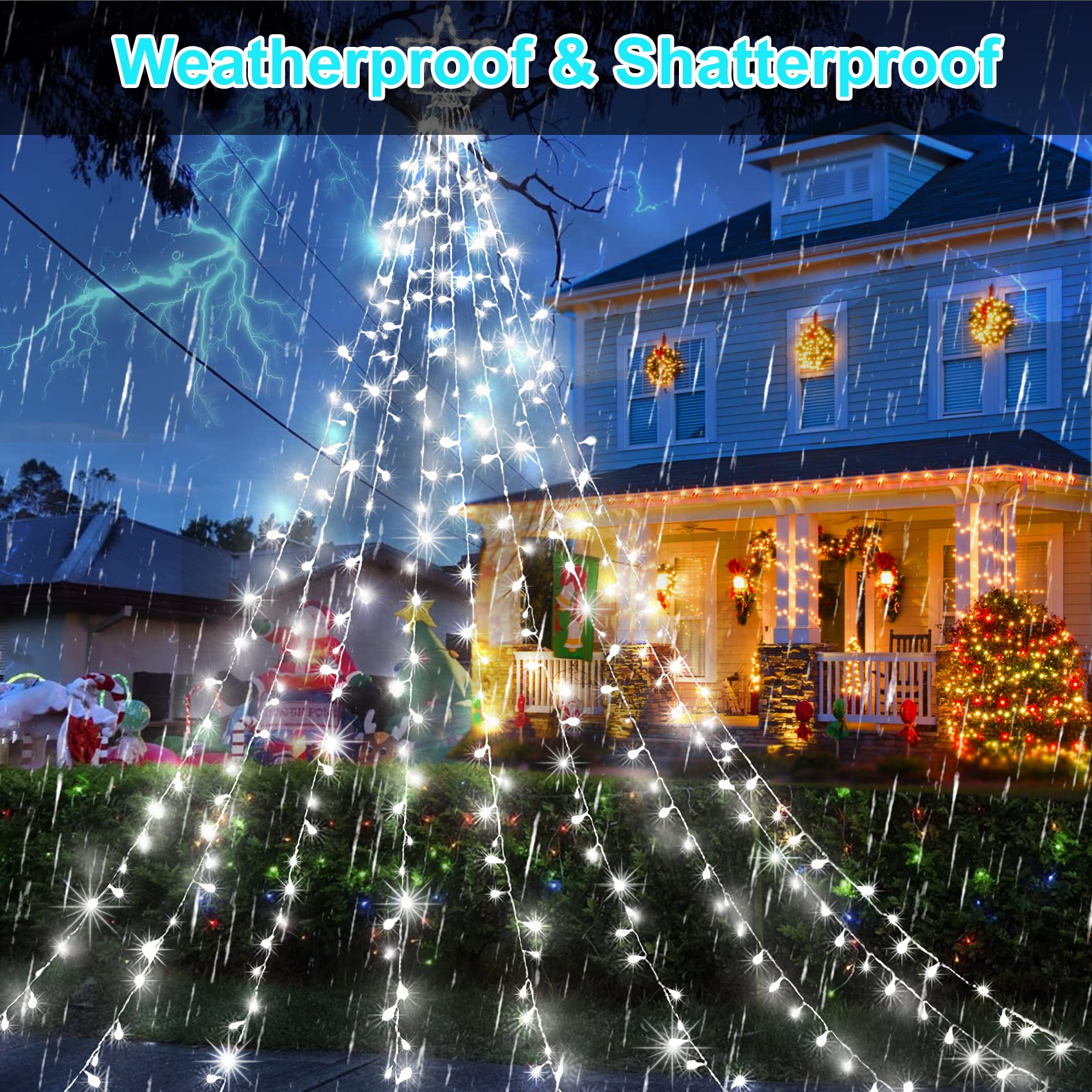 Kno Knooutdoor Christmas Decorations Waterfall Star Lights,344 Led 8 Modes Tree Light,Plug In Clear Wire Waterproof Seasonal Lighting Decor For Xmas Tree Wedding Yard Holiday Garden Cool White