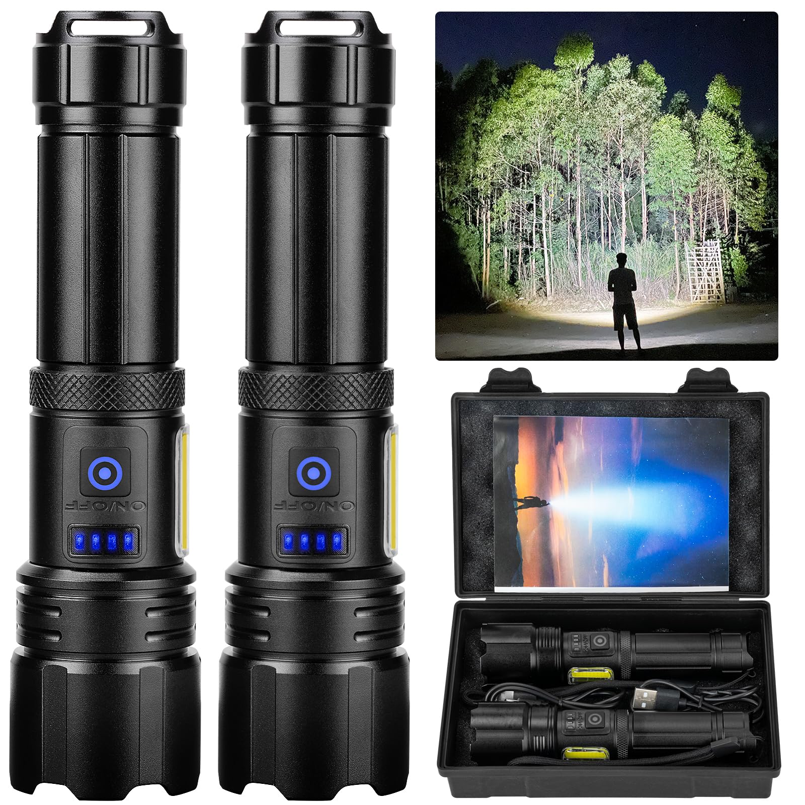Sigoobal Rechargeable Flashlight, 2 Pack 900000 High Lumens Super Bright Flash Light, 7 Modes With Cob Work Light, Ipx6 Waterproof, Powerful Handheld Led Flashlights For Camping, Hiking