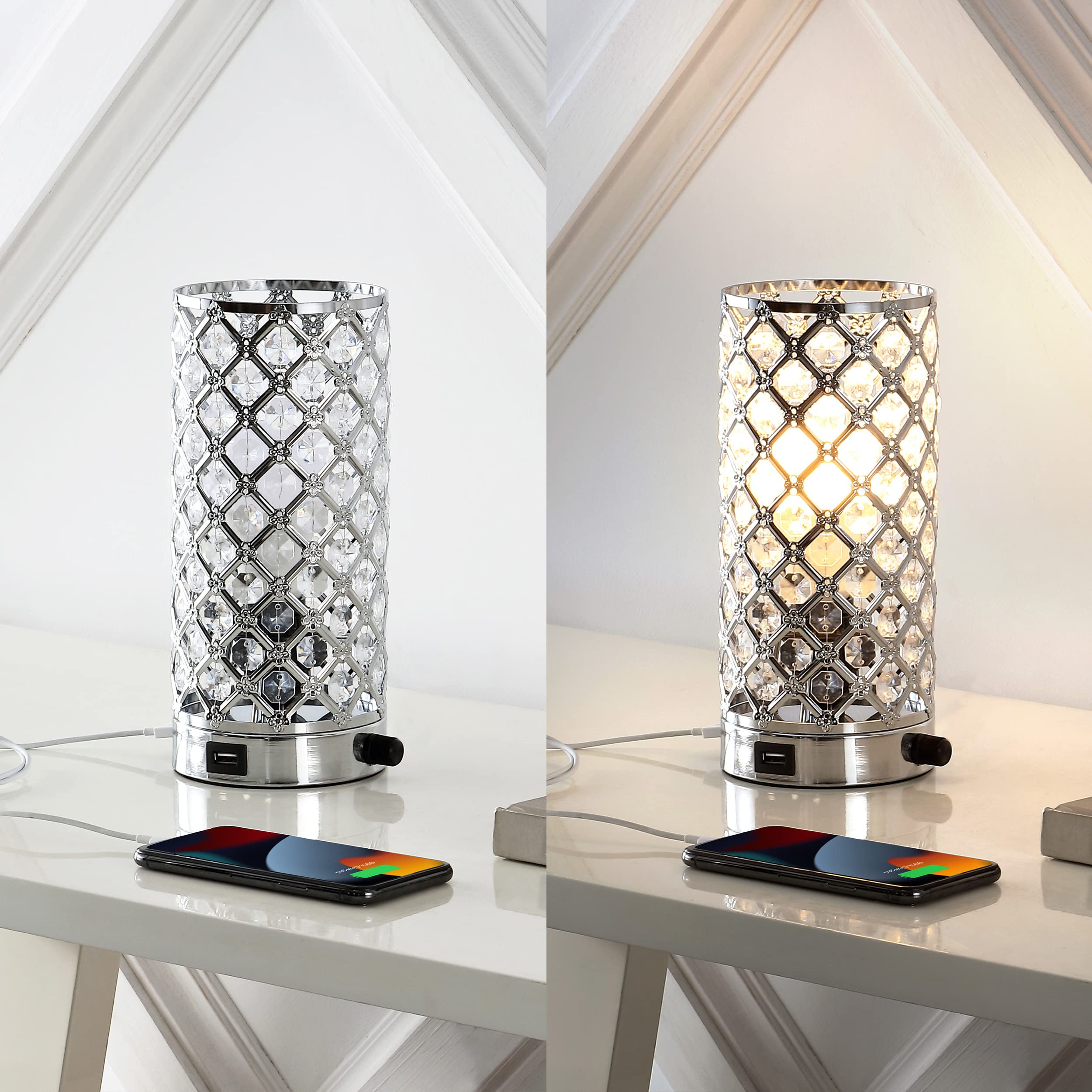 Jonathan Y Jyl1128A Lucie 9.5" Mid-Century Modern Iron/Acrylic Led Mini Uplight Table Lamp With Usb Charging Port And Smart Bulb Contemporary, Vintage Bedside Desk Nightstand Lamp, Chrome/Clear