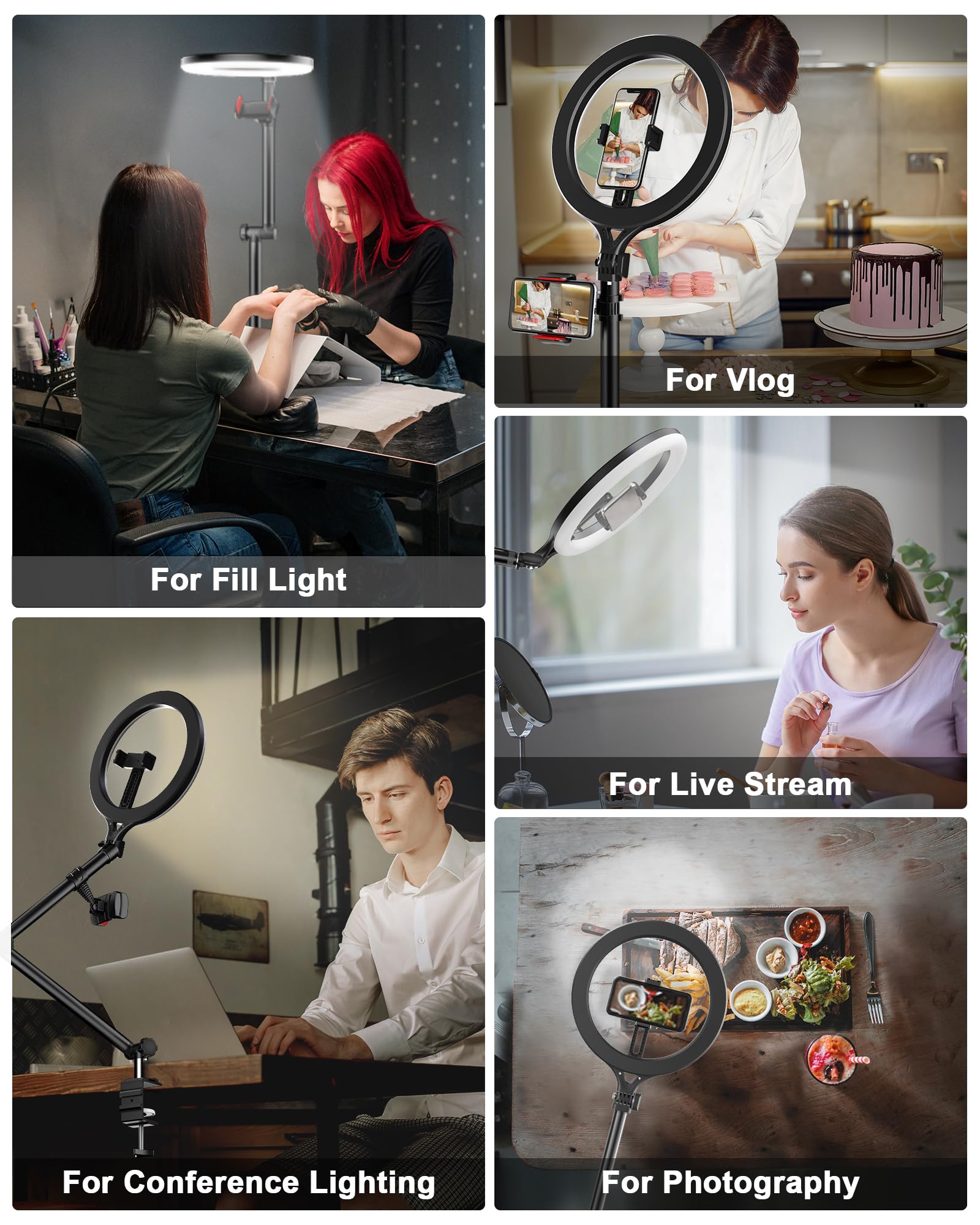 Luoled Ring Light With Stand And Phone Holder, Usb 10" Ring Light For Desk, Overhead Camera Mount With Ringlight, Desk Lamp With Clamp For Photography/Makeup/Live Streamvideo/Youtube
