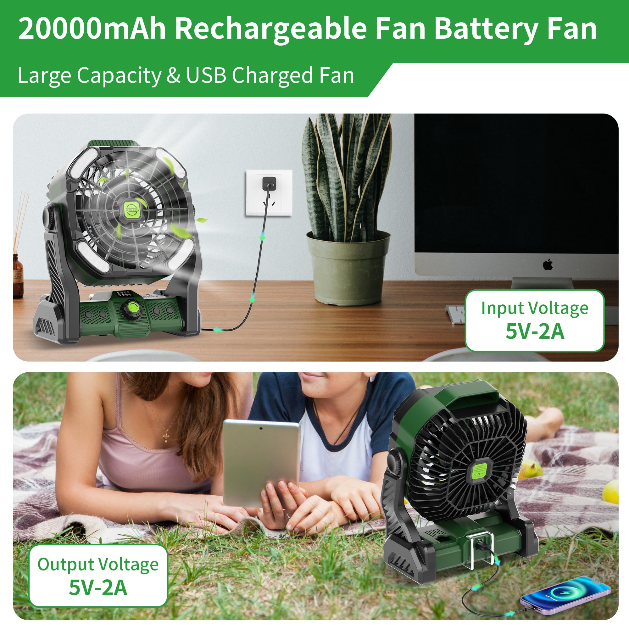 Compact portable fan with rechargeable 20000mAh battery for easy travel and outdoor use