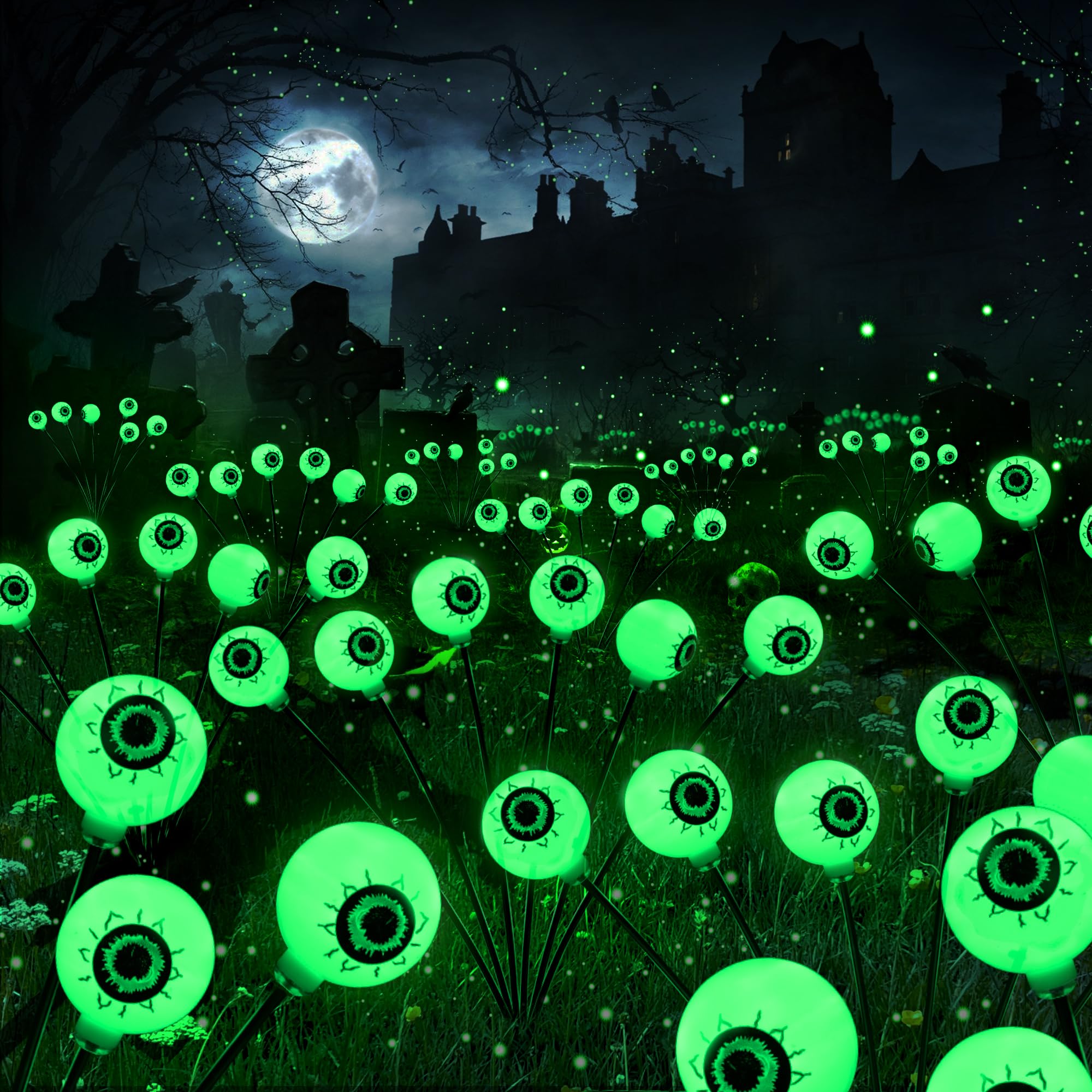 Brizlabs Solar Halloween Eyeball Lights, 2 Pack 12 Led With 2 Modes, Outdoor Swaying Eye Firefly Pathway Lights, Green For Path Yard Garden Lawn