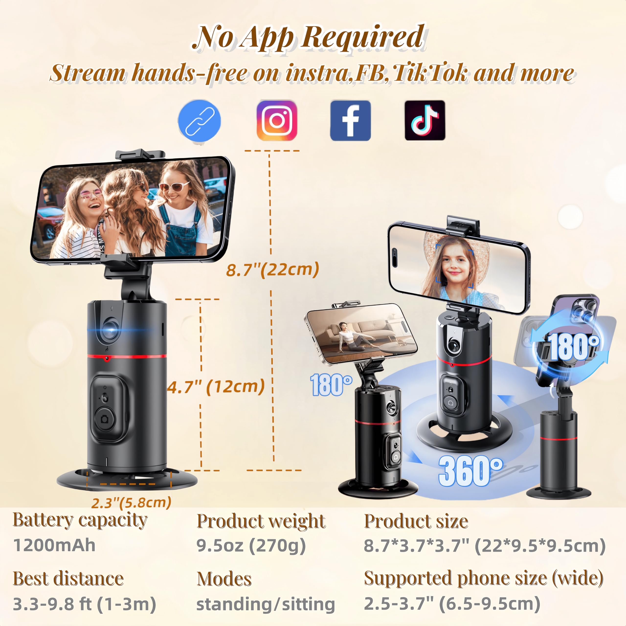 Bizisofon Auto Face Tracking Tripod, 360° Rotation Face Body Tracking Phone Holder, Rechargeable Smartphone Camera Mount Remote & Gesture Control With Adjustable Selfie Stick Tripod Stand For Phone Camera Gopro