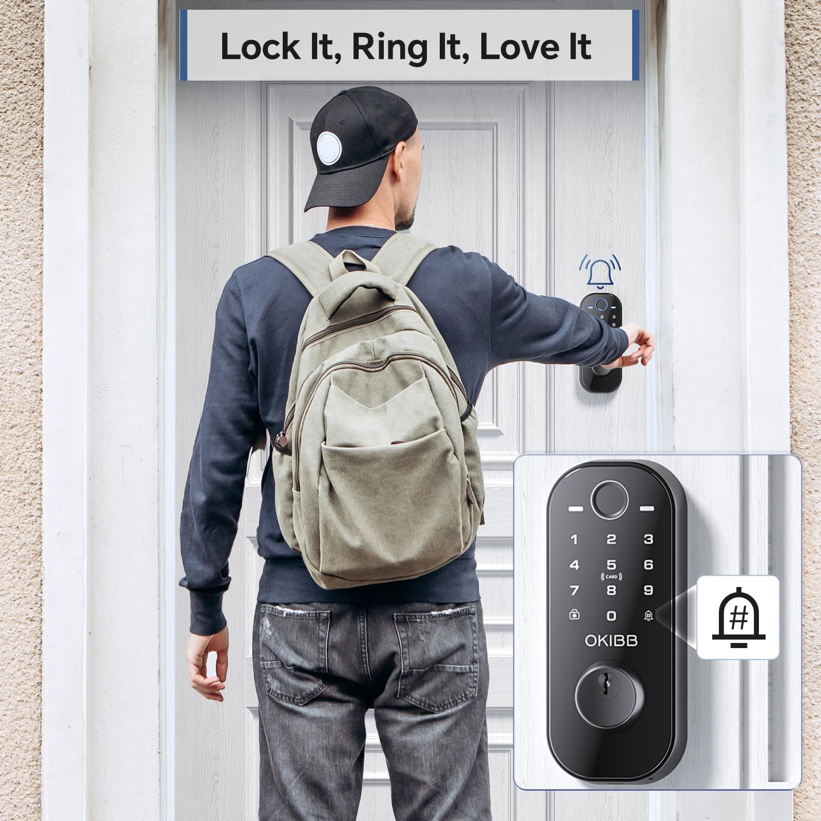 Okibb Keyles Entry Door Lock With Built-In Wi-Fi App Remote Control, Fingerprint Door Lock With Doorbell, Smart Locks For Front Door, Auto Locking, Black