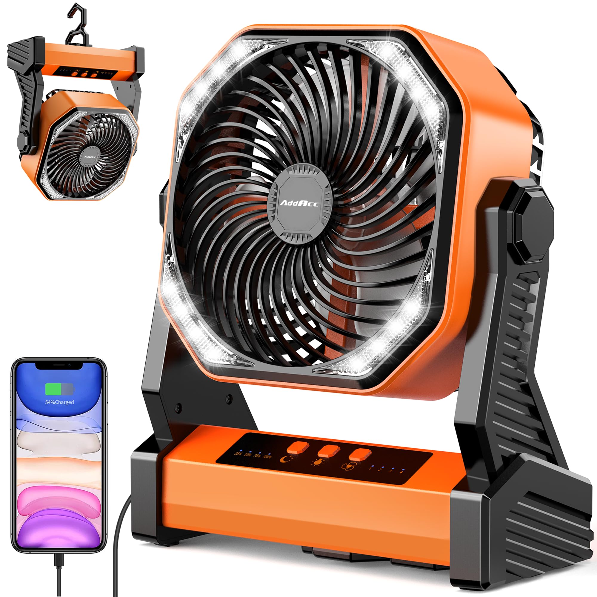 Portable camping fan with 20000mAh battery, rechargeable with light and hook Koospark