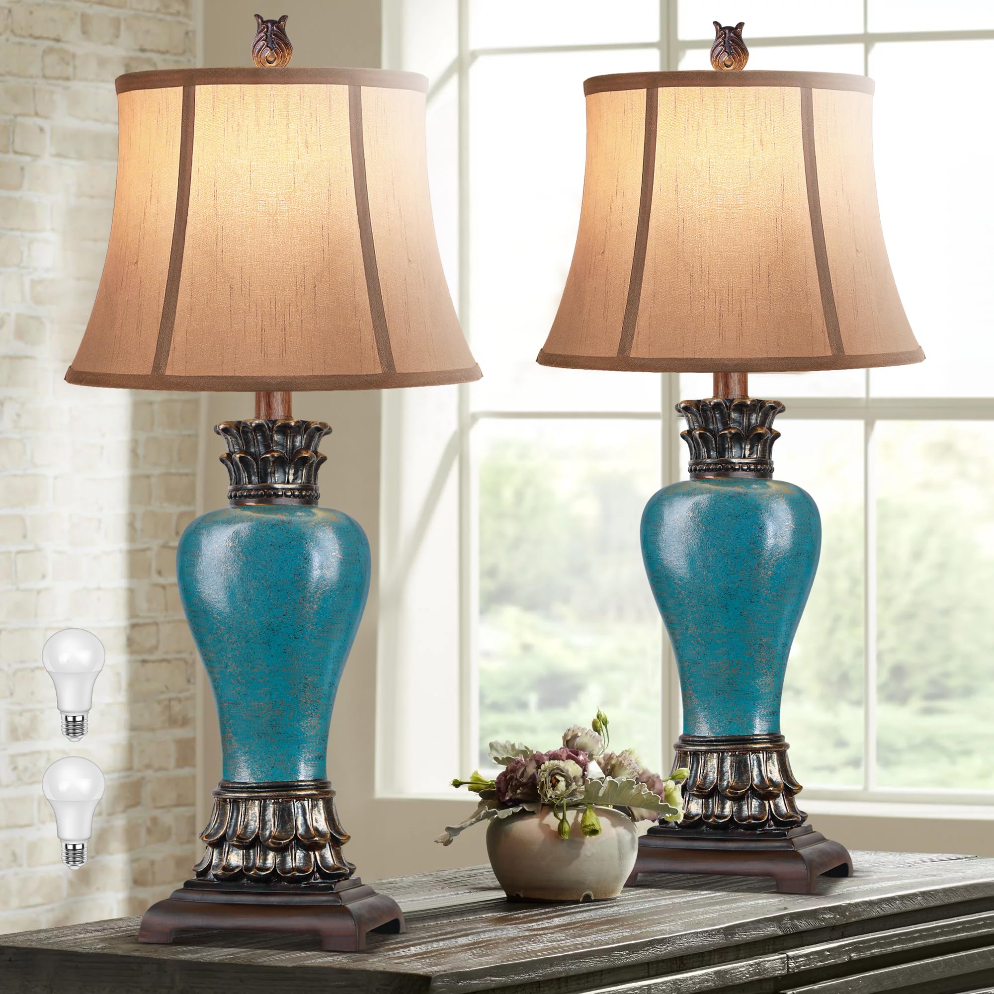Hamucd 29" Set Of 2 Farmhouse Rustic Table Lamps For Living Room,3-Color Temperature Dimmable Blue Southwest Bedroom Lamps For Night Stands Traditional Antique Decor