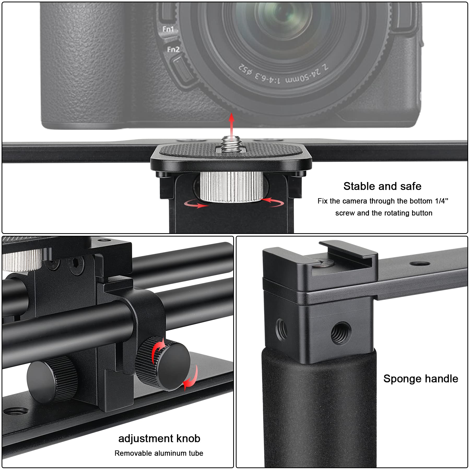 Fantaseal Universal Aluminum Alloy Dslr Mirrorless Camera Camcorder Stabilizer Extension Cage Mount For Mic Monitor Light, Movie Making Rig Youtube Tiktok Vlogging Video Kit W/Phone Holder For Canon Sony Nikon
