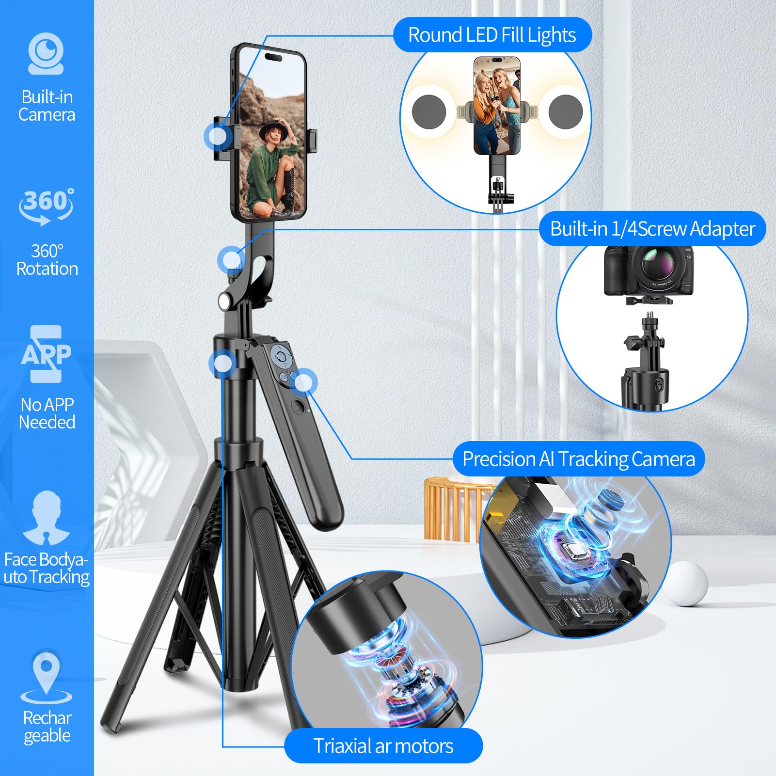 Etibig 71'' Auto Face Tracking Tripod For Iphone 360° Rotation Tripod With Wireless Remote And Gesture Controls，Motion Sensor Phone Stand With Light Applied To Youtube, Tiktok, Facetime