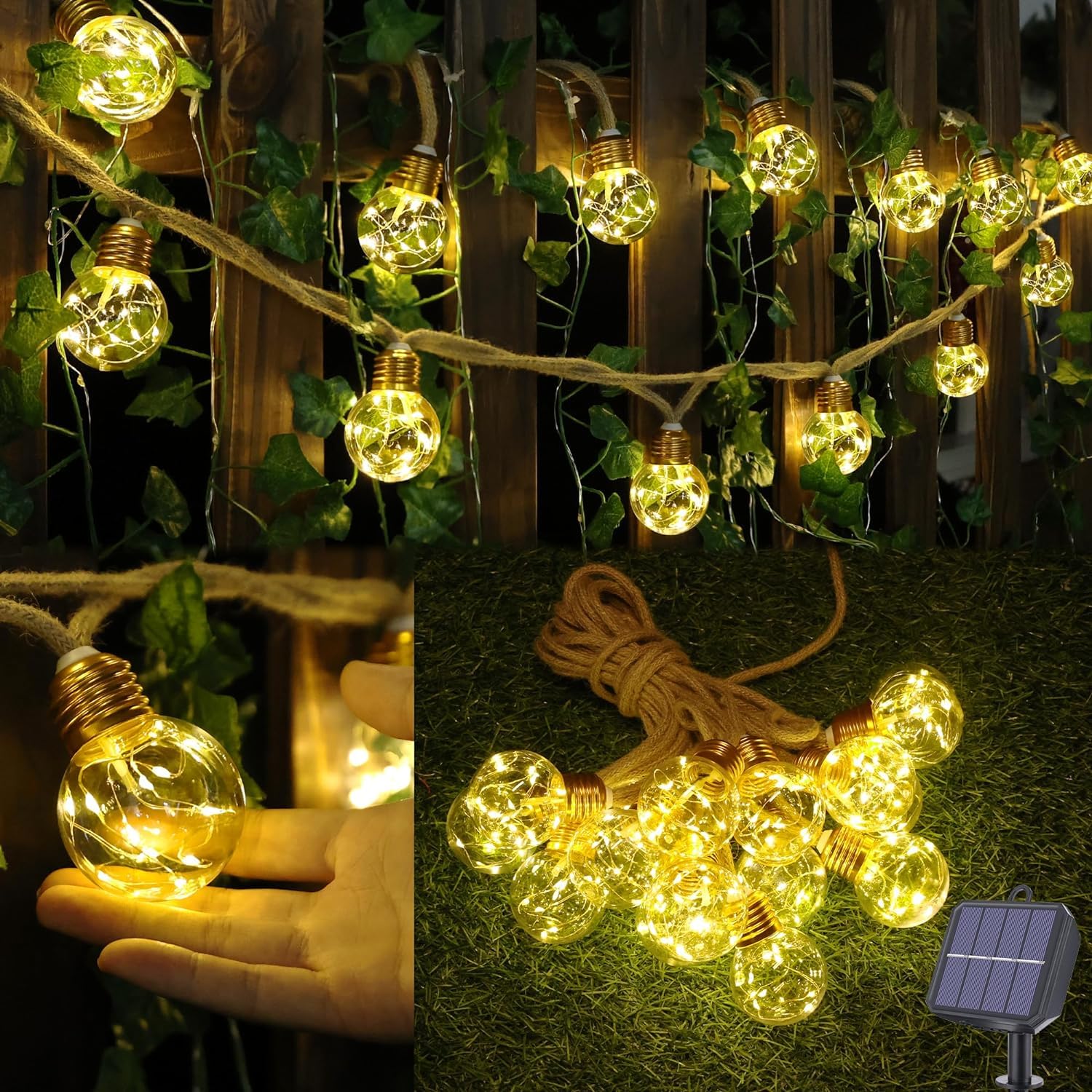 Ishabao Solar String Lights Outdoor, 20Ft Solar Patio Lights, Vintage Rope Hemp Solar Powered Globe Lights Waterproof With 8 Modes 16 Shatterproof Bulbs For Garden Fence Balcony Cafe Bistro Party-Warm White