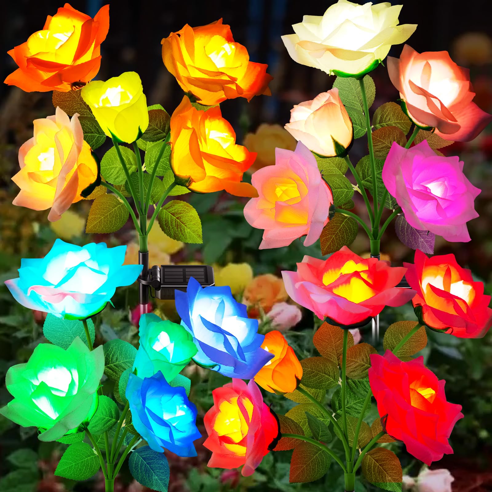Kubace 4Pk Solar Flowers Outdoor Waterproof - Rose Led Solar Lights With 7 Color Changing - Solar Powered Outdoor Lights For Patio Yard Garden Decor, Mothers Day Gift
