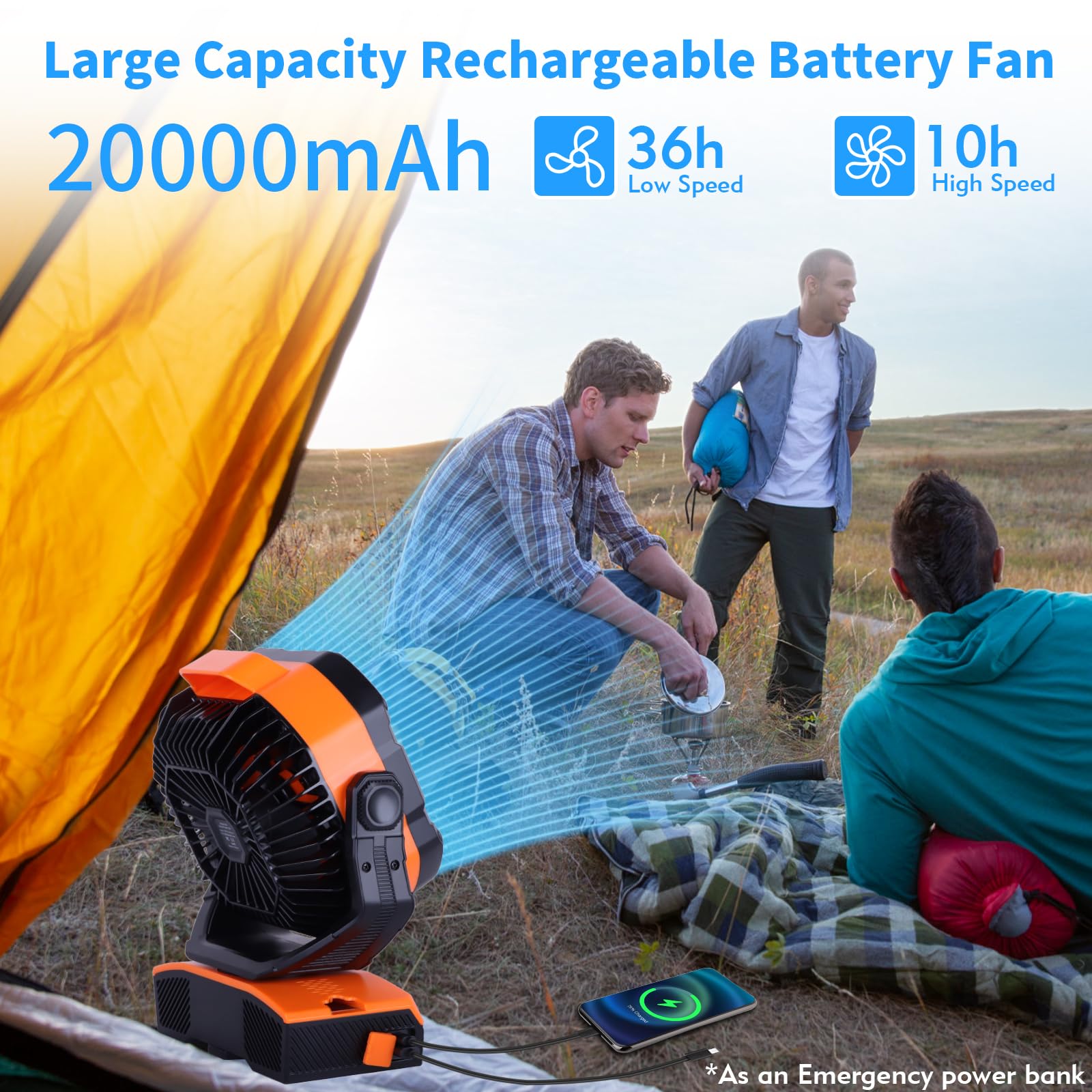 Oscillating portable fan with 20000mAh battery, ideal for camping, travel, and cooling Koospark