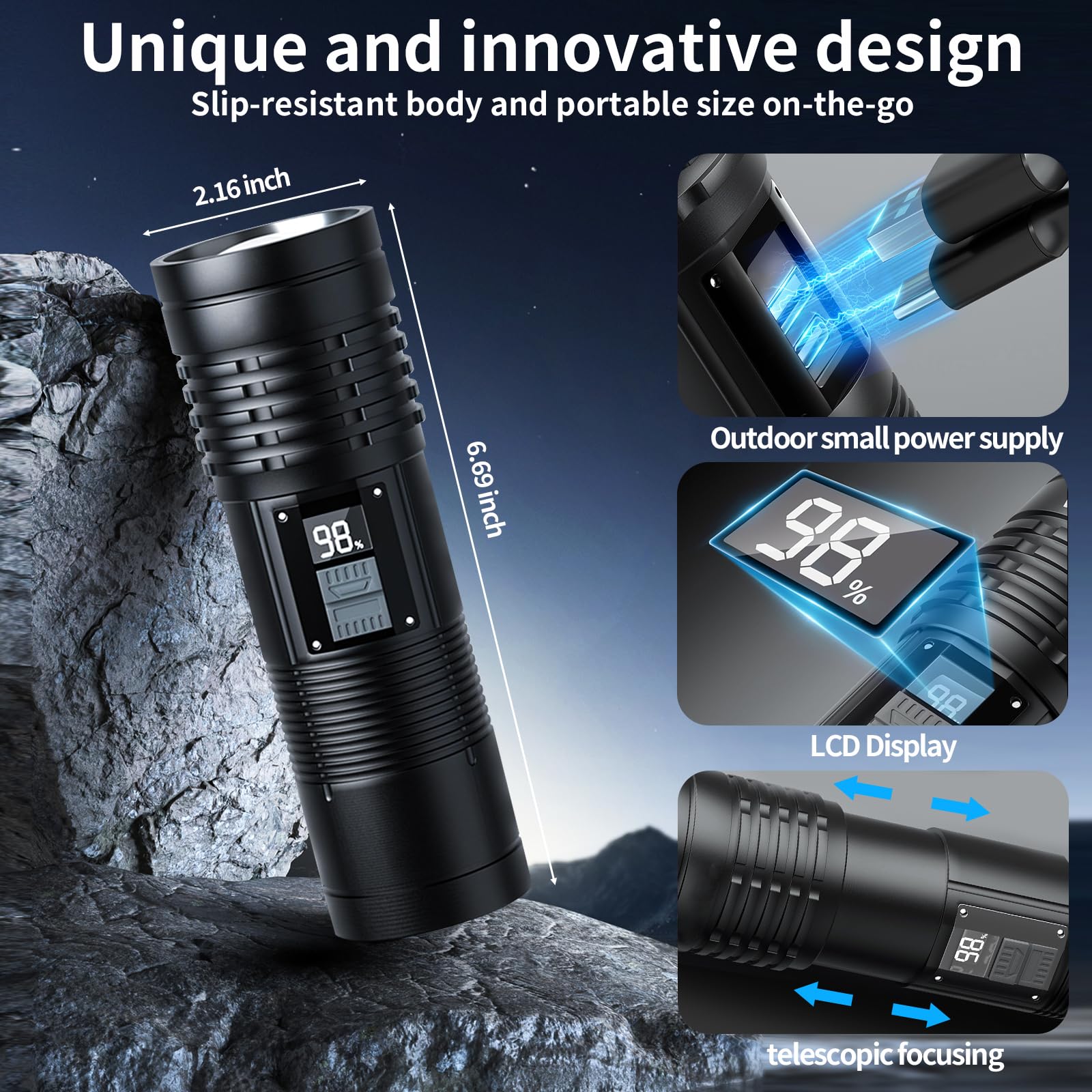 Ruisiya Led Flashlight-Rechargeable Camping Flashlights High Lumens , Bright 2000 Lumens Utility Flashlights With 8 Modes, Waterproof Zoomable Flash Light For Outdoor, Emergencies, Camping Essentials Gear