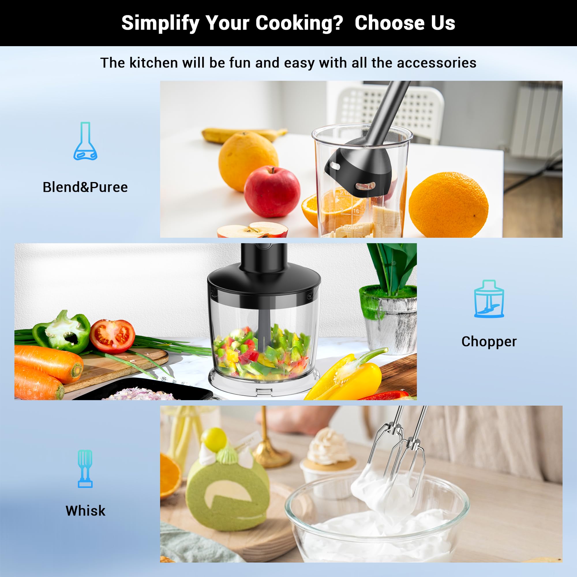 Gavasto Immersion Blender Rpm 16000±10% Scratch Resistant Hand Blender,15 Speed And Turbo Mode Hand Mixer, 3-In-1 Heavy Duty Copper Motor Stainless Steel Smart Stick With Egg Beaters And Chopper