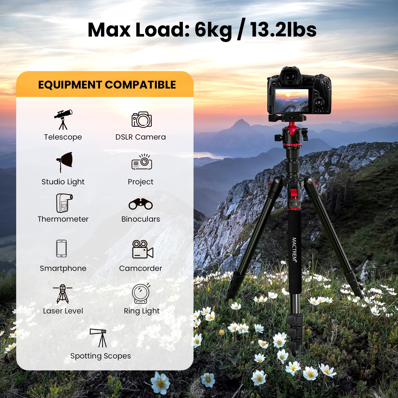 Mactrem Camera Tripod, 74 Inch/187Cm Aluminum Travel Tripod & Monopod With 360Ball Head, Lightweight For Smartphone Ipad Canon Nikon Sony Binoculars Laser Level Telescope
