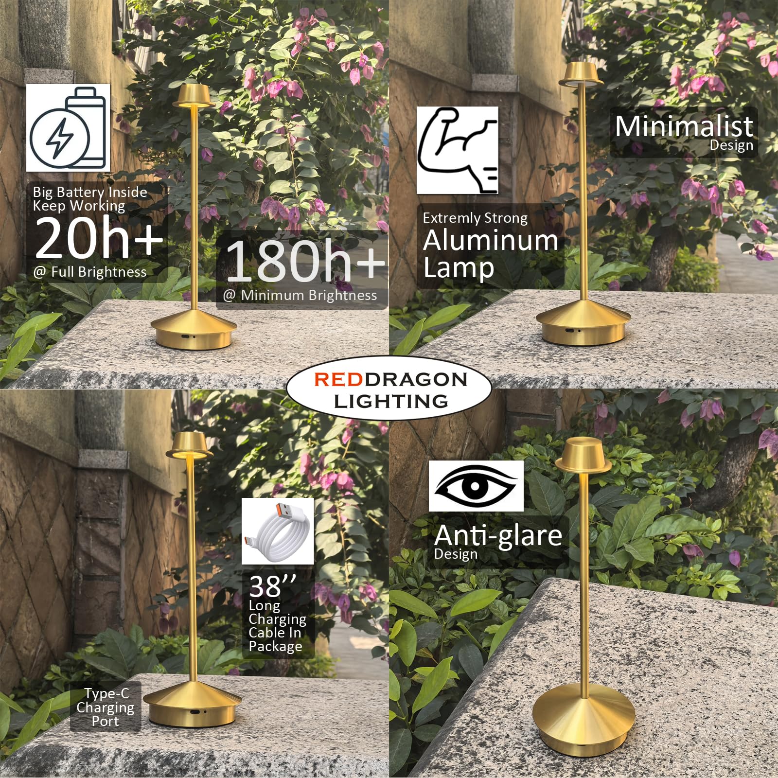 Reddragon Lighting 10000Mah Rechargeable Battery Powered Gold Table Lamps Cordless Set Of 2 Waterproof Outdoor Small Decor Desk Lights Pina Table Ambient Lamps For Living Room, Bedroom, Kitchen (2 Pack, Gold)