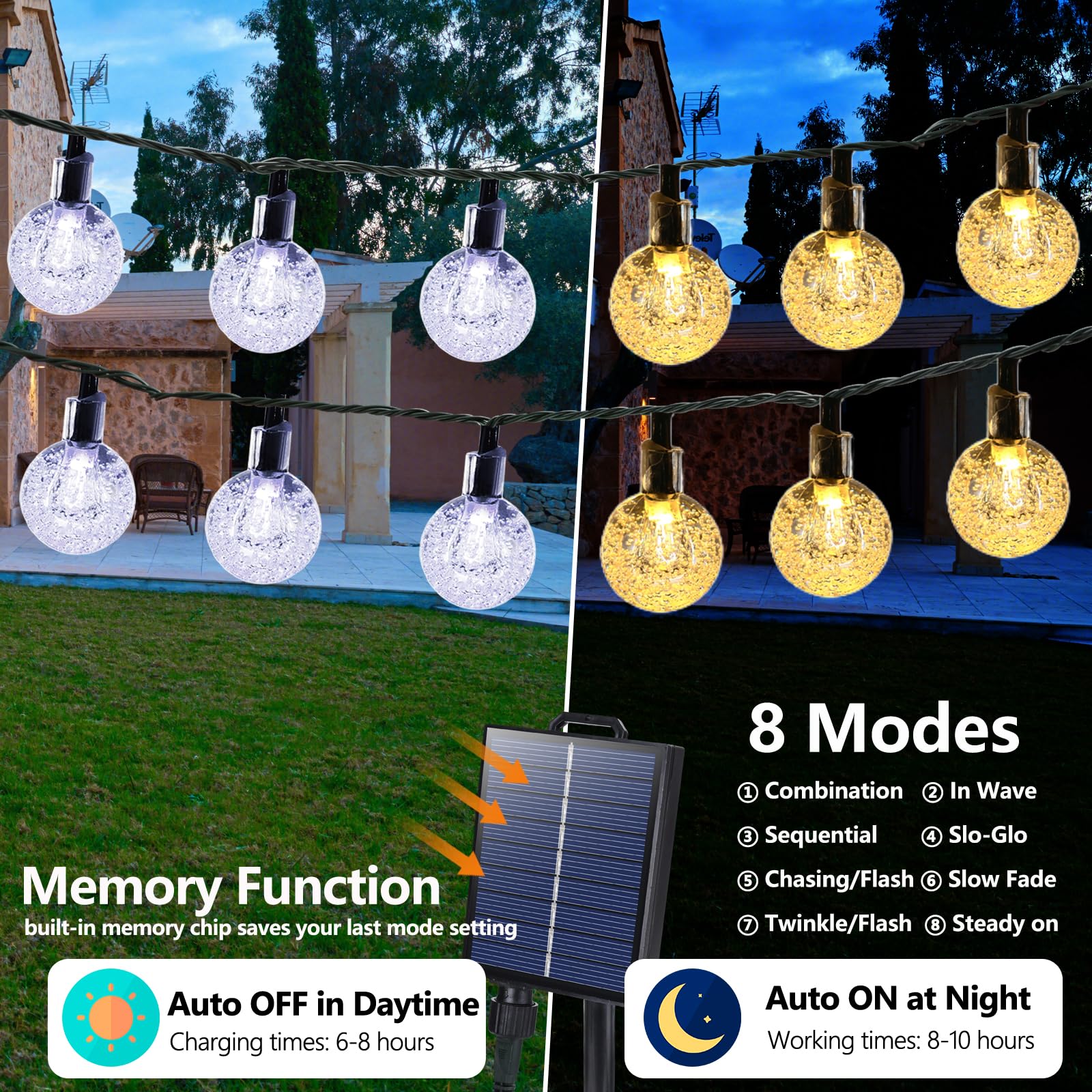 Joomer Solar Powered String Lights Waterproof,39Ft 60 Led Outdoor Solar String Lights Crystal Ball Lights 8 Modes Solar Globe Lights For Garden, Gazebo, Porch, Lawn, Patio, Tree Decor (Warm White)
