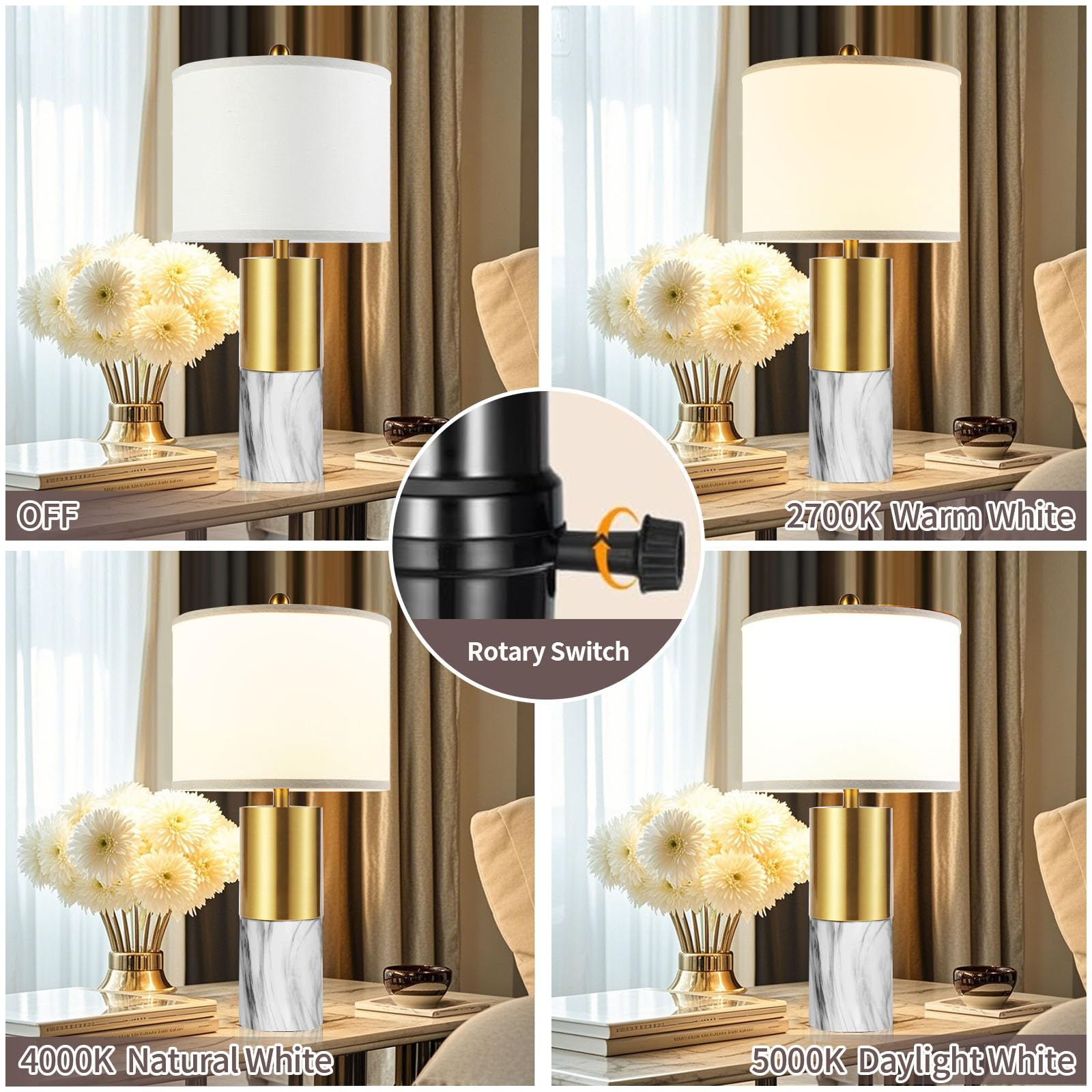 Ghoocemlux 22" Faux Marble Table Lamps Set Of 2, Modern 3-Color Temperature Table Lamps With Fabric Shades, Contemporary Bedside Nightstand Lamps For Living Room Bedroom (2 Led Bulbs Included) - White & Gold