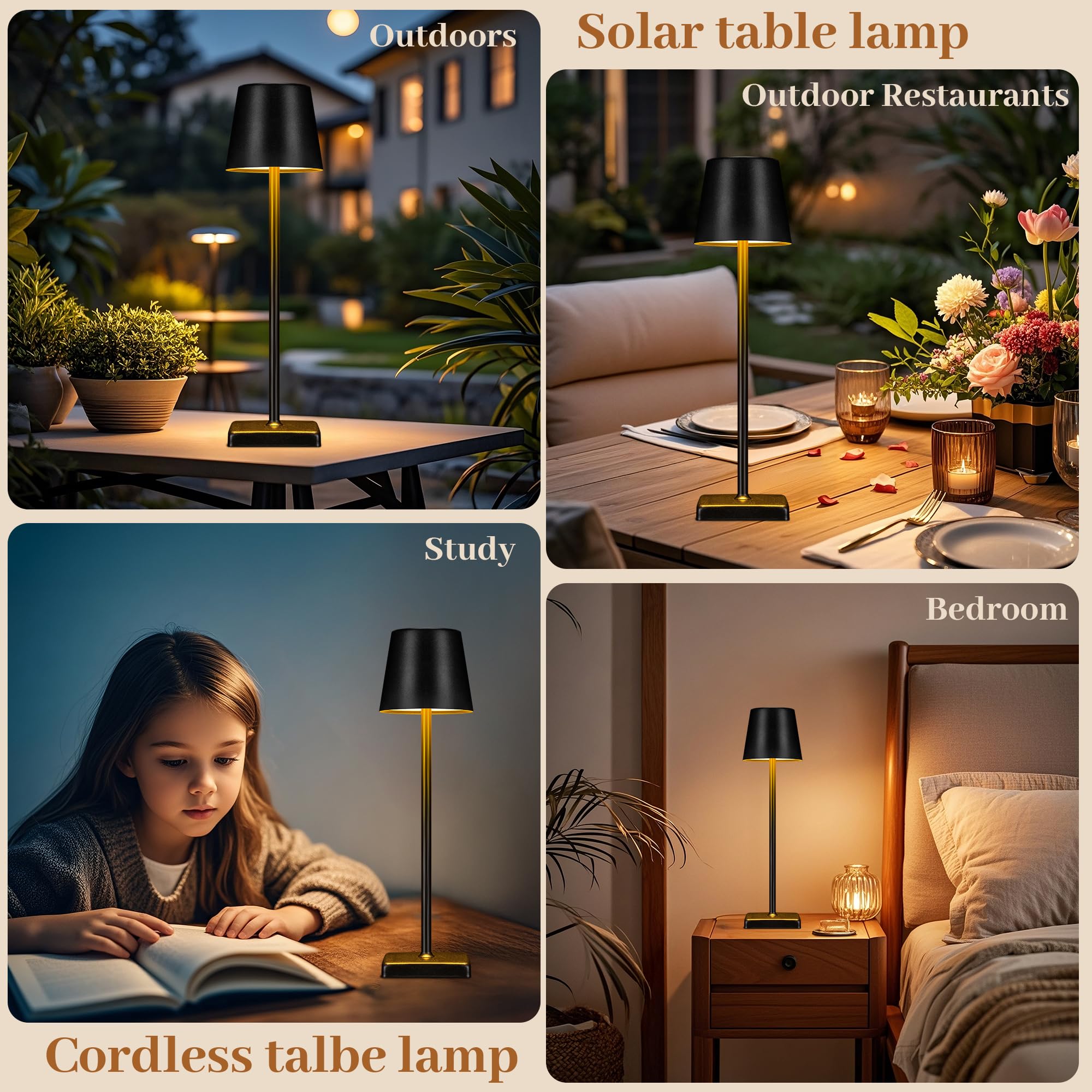 Livinlarge 2 Pack Cordless Table Lamps,Rechargeable Outdoor Solar Led Lamp,Portable Usb Desk Lamp Waterproof,2000Mah Battery Operated,Touch Stepless Dimming Light For Bedroom,Restaurants,Patio,Camping,Black