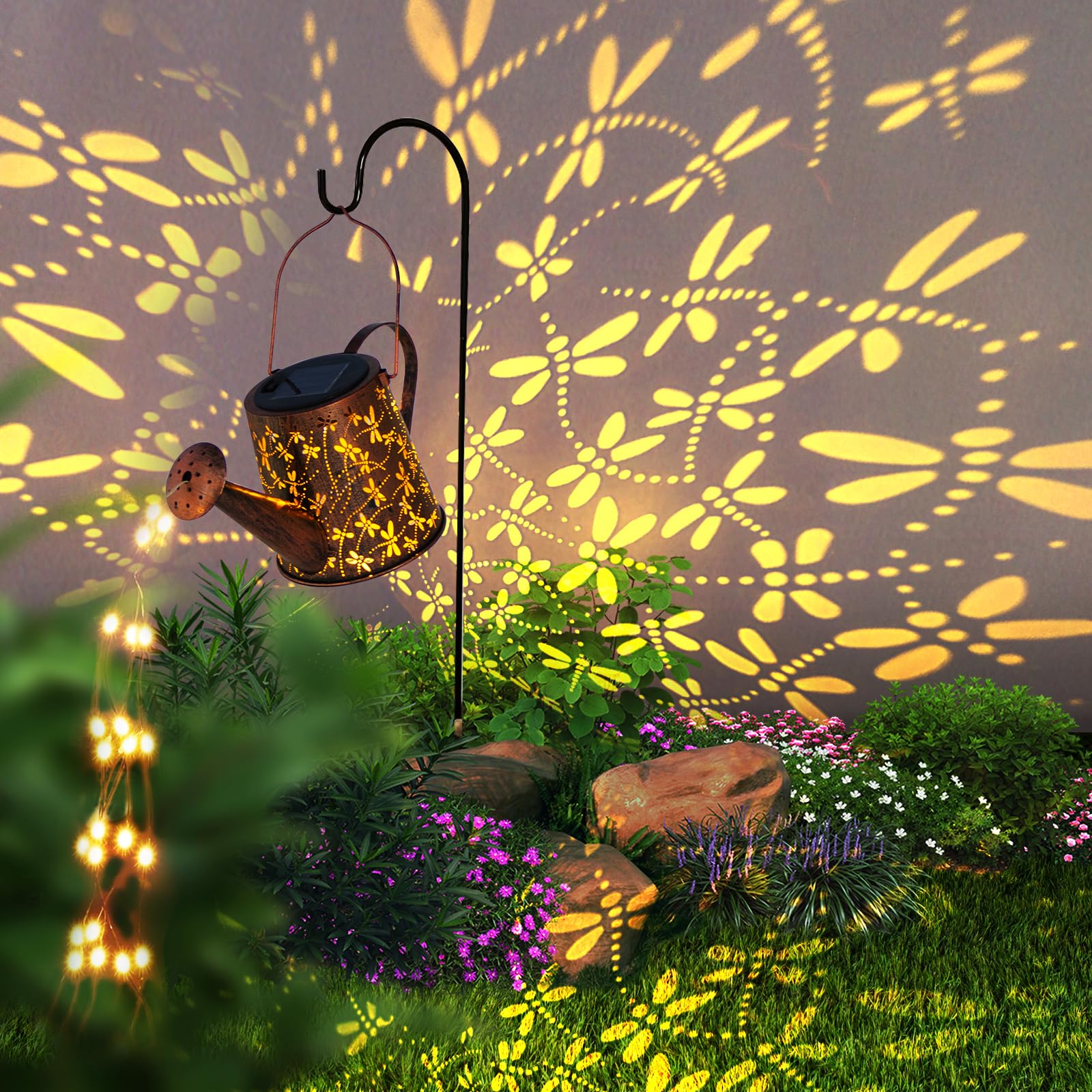 Dibieecn Solar Watering Can Outdoor Lights Garden Decor,Dragonfly Hanging Lantern Waterproof Landscape Lights Outside Decoration For Yard Porch Patio Pathway Gardening (With 32 Inch Shepherd Hook)