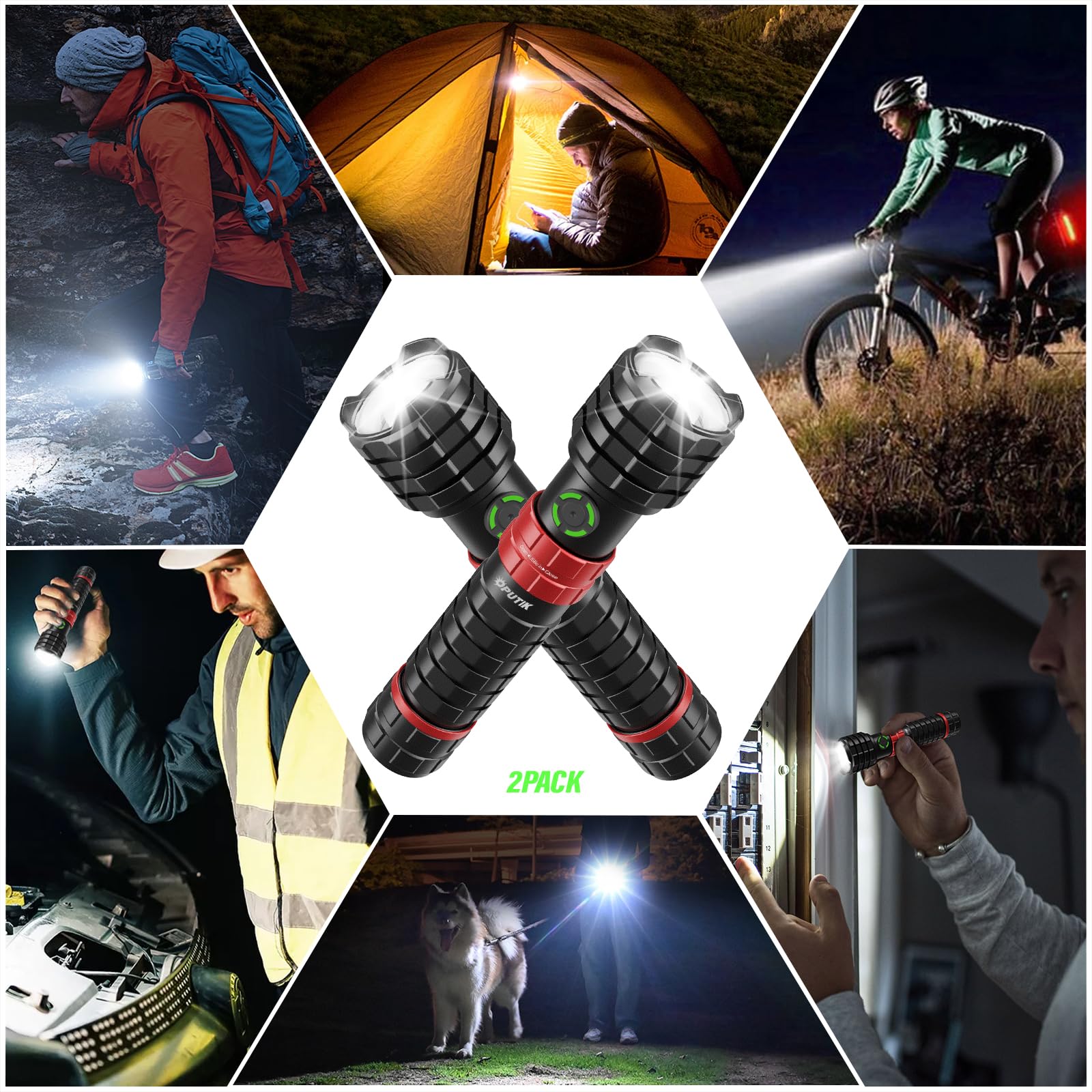 Oputik Portable Rechargeable Handheld Flashlight,Led Powerful Flashlights 1500 High Lumens,Military Grade Emergency Bright Tactical Flashlights Suitable For Home,Outdoor Use (Black+Red, 2 Pack)