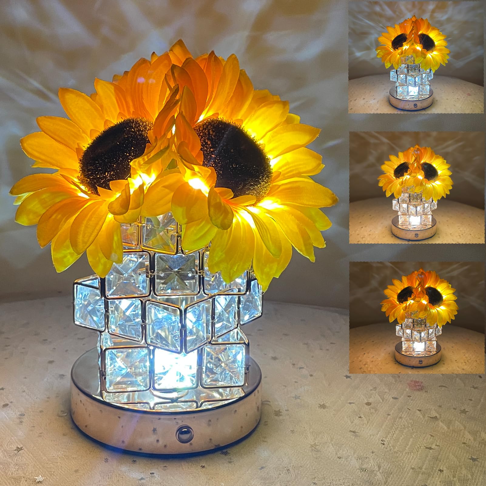 Yunbiaosen Sunflowers Flower Lamp,3-Colour Infinitely Dimming Small Night Light,Rechargeable Cordless Touch Table Lamp,Home Office Decor Birthday For Women Mom (Crystal Magic Cube Sunflower)
