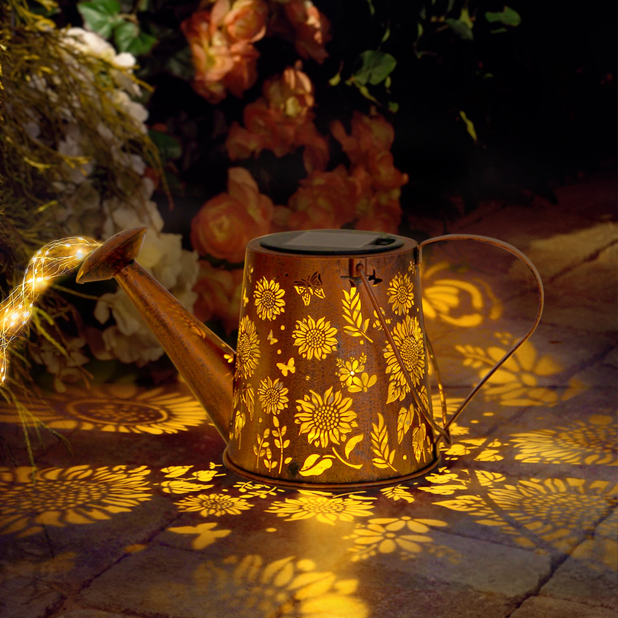 Anytalk Solar Watering Can With Lights, Hanging Solar Waterfall Lights Outdoor Garden Decorations, Waterproof Solar Garden Lights For Yard Porch Backyard Lawn Pathway Landscape Walkway (Sunflower)