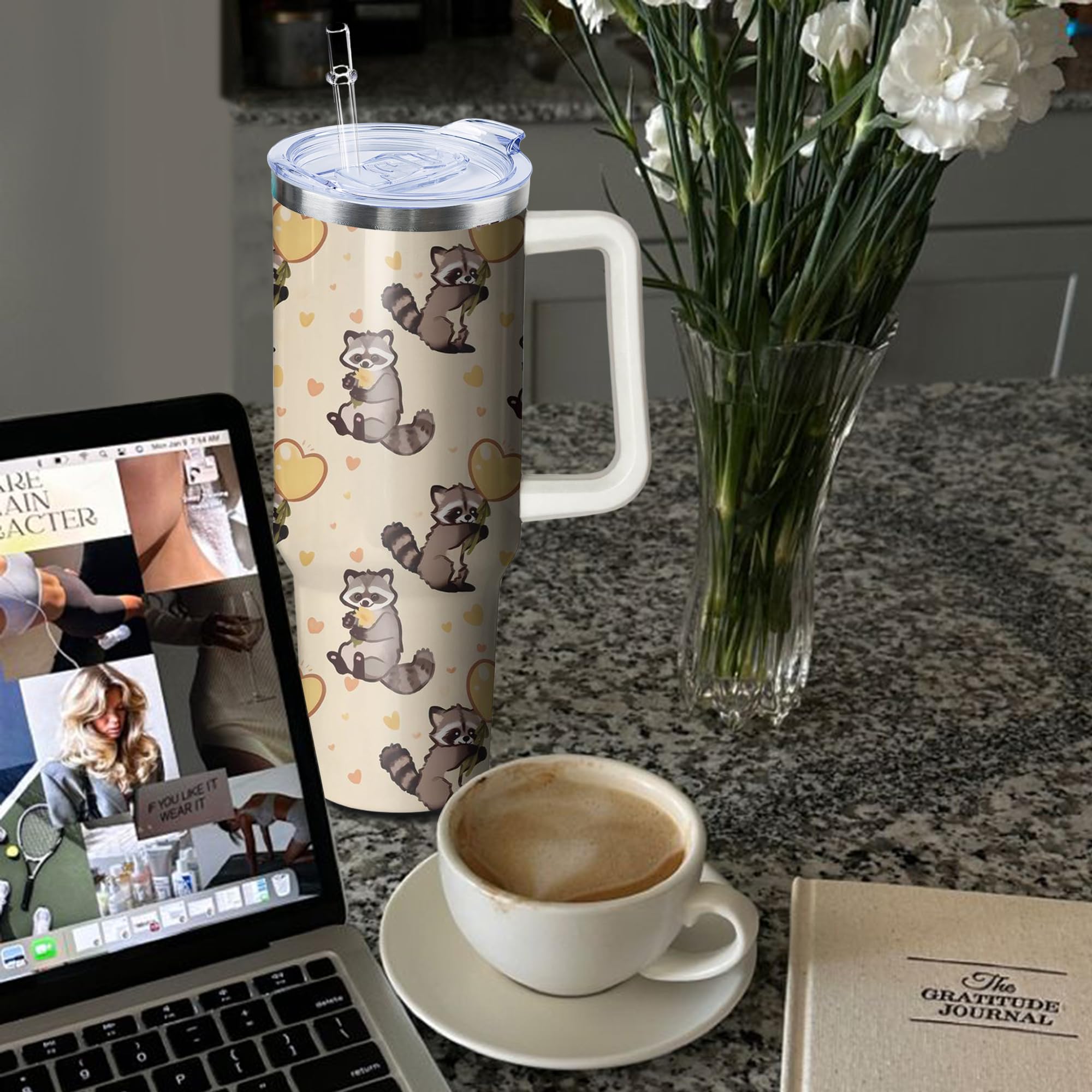 40Oz Raccoon Stainless Steel Tumbler With Handle And Straw, Dog Insulated Cup Travel Coffee Mug