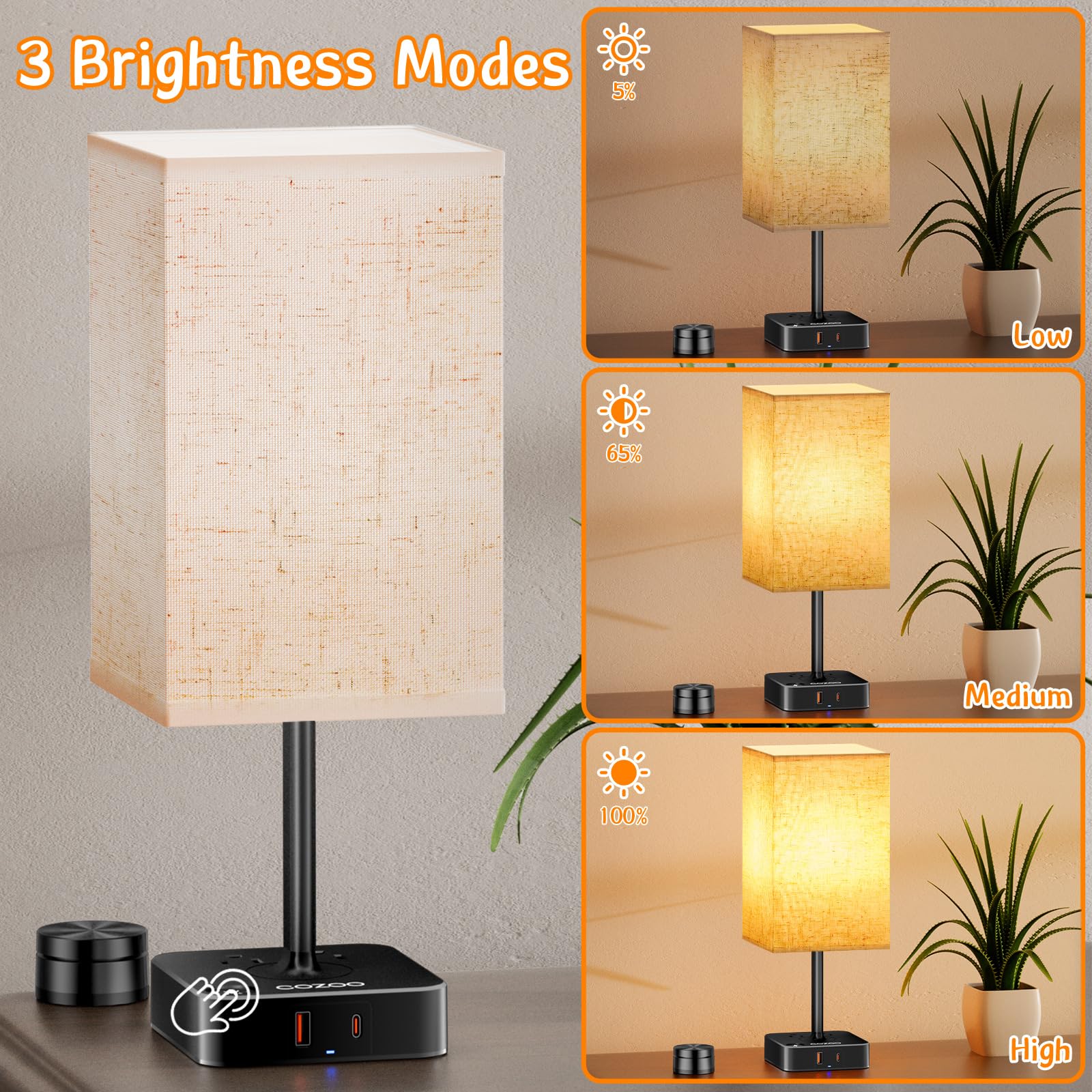 Cozoo Bedroom Table Lamp With Remote Operation Control,Dimmable Bedside Table Desk Lamps With Usb C+A Charging Ports 2 Ac Outlets,Nightstand Lamp Flaxen Shade Lamp For Living Room,Dorm,Home Office,Decor