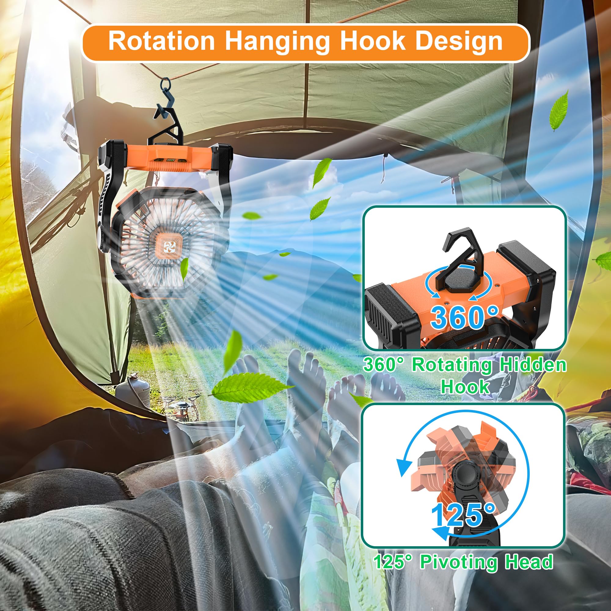 Camping fan with 12000mAh rechargeable battery, portable and battery-powered with built-in light for outdoor use