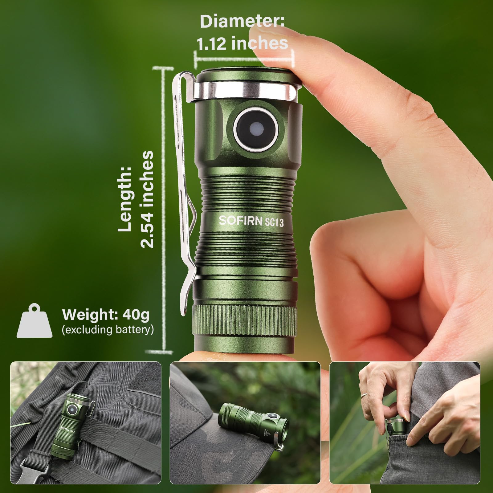 Sofirn Sc13 Small Rechargeable Flashlight Bright 1300 Lumens Black Bundle Green