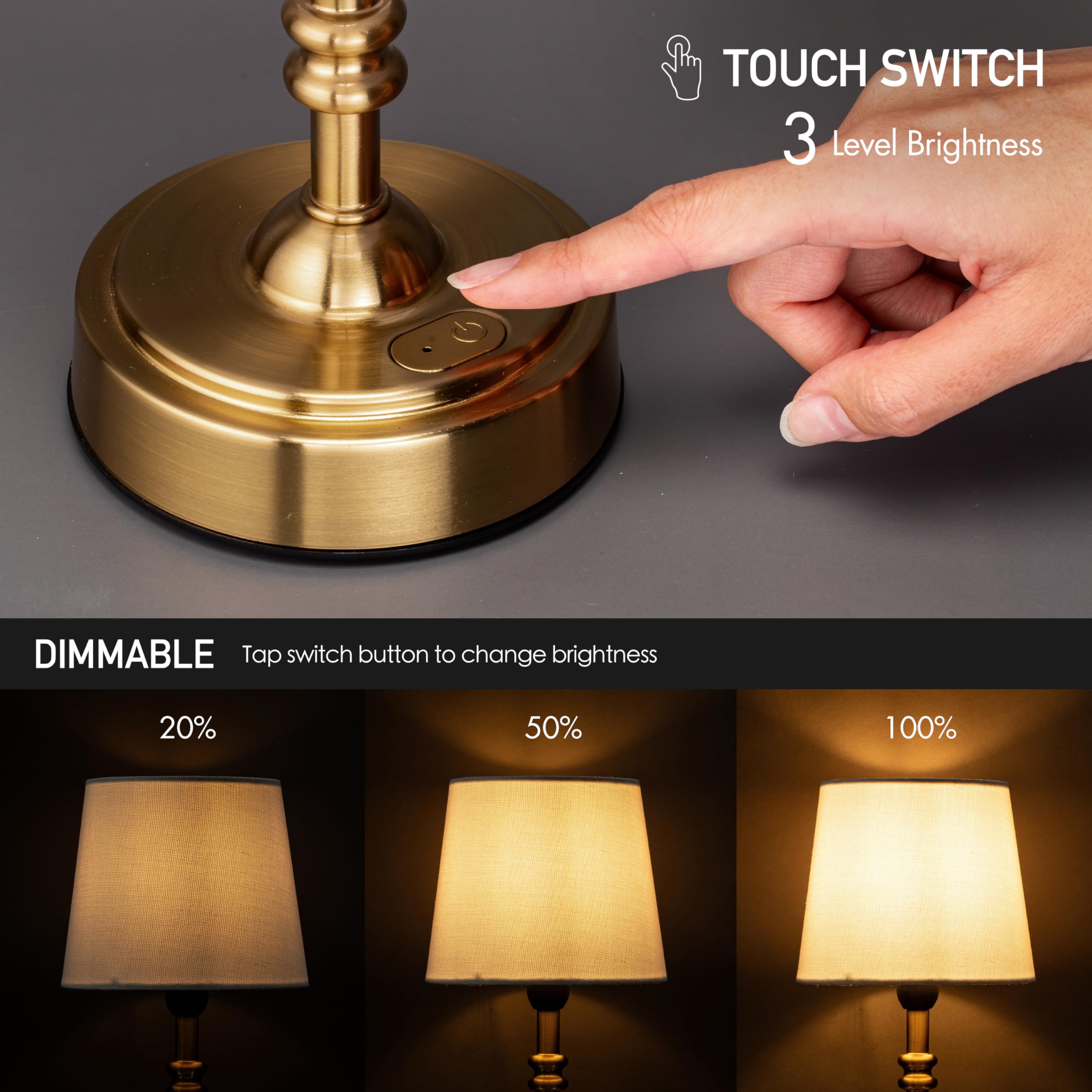 O'Bright O’Bright Seraph Mini – Cordless Led Table Lamp With Dimmer, Built-In Rechargeable Battery, 3-Level Brightness, Patio Table Lamp, Bedside Night Lamp, Ambient Light For Restaurant, Antique Brass