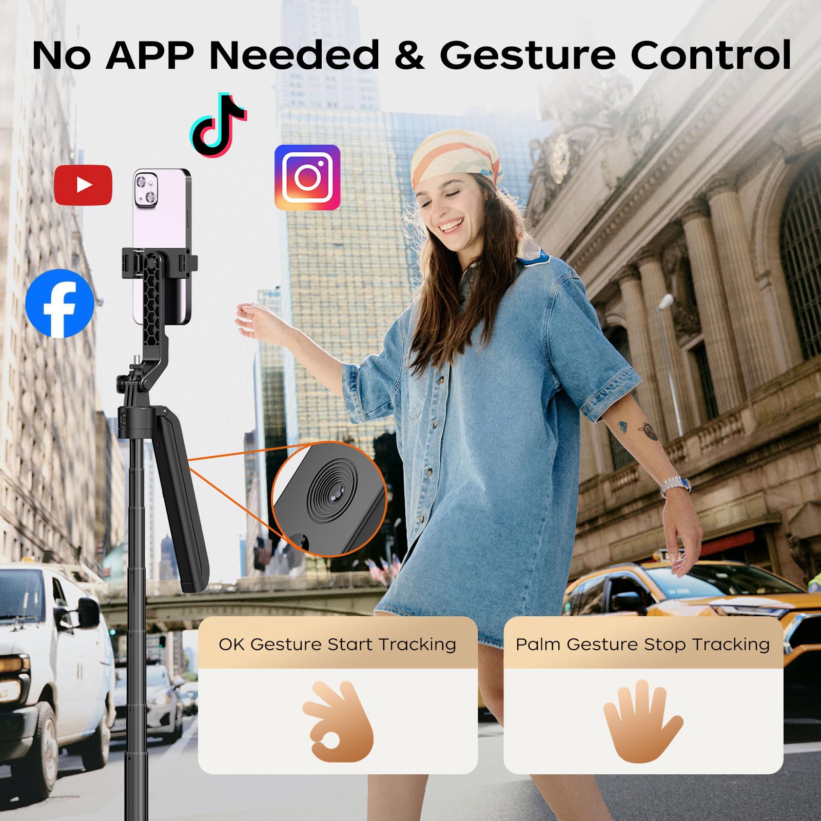 Funsnap Auto Face Tracking Selfie Stick - Extendable, Gesture Control Iphone & Android Tripod For Vlog, Live Streaming, Tiktok