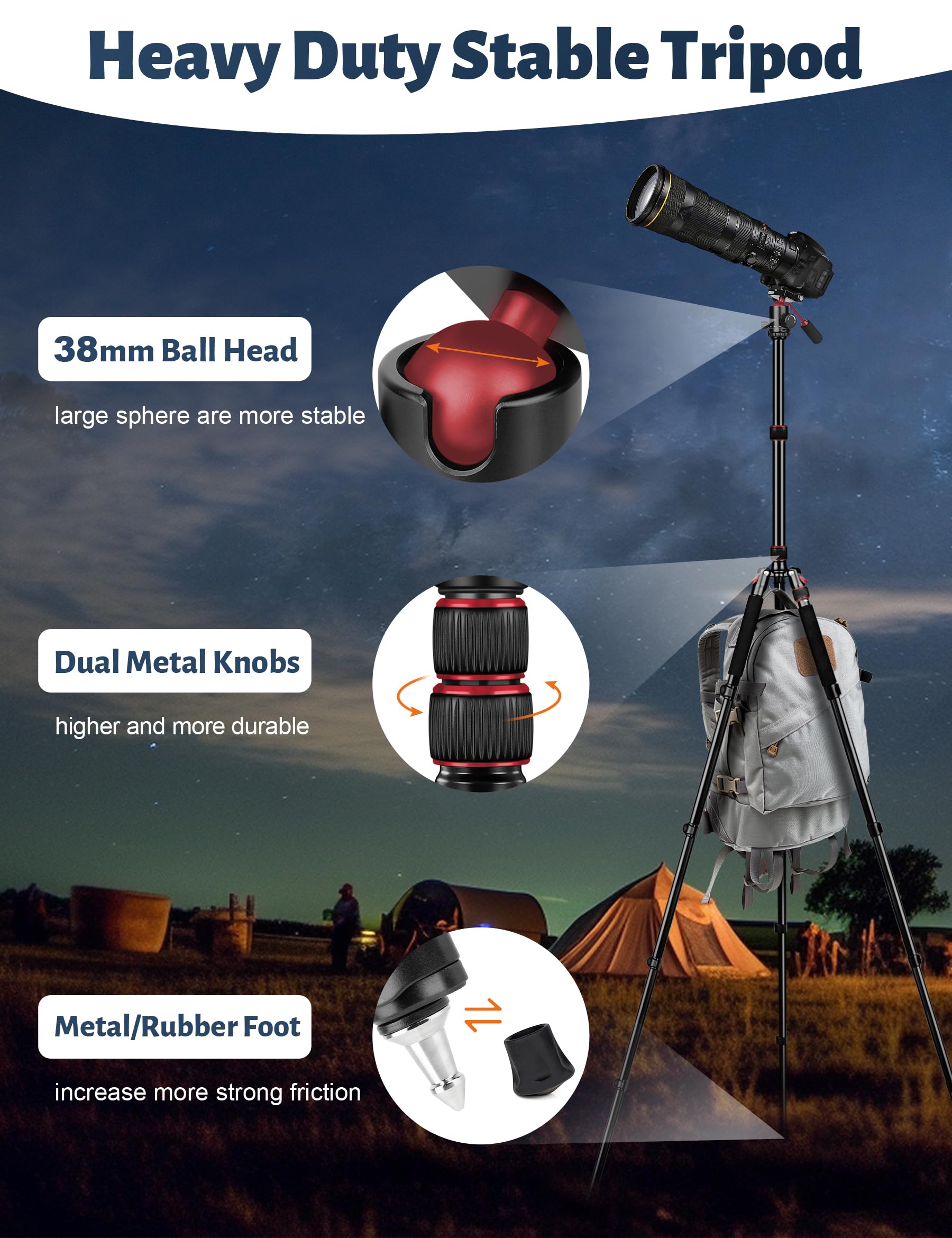 Victiv Tripod For Camera, 83" Camera Tripods & Monopods With Metal Handle, Professional Aluminum Tripods, Heavy Duty Tripod For Dslr Camera Lasers Spotting Scope Binoculars Telescope, Payload 35Lb