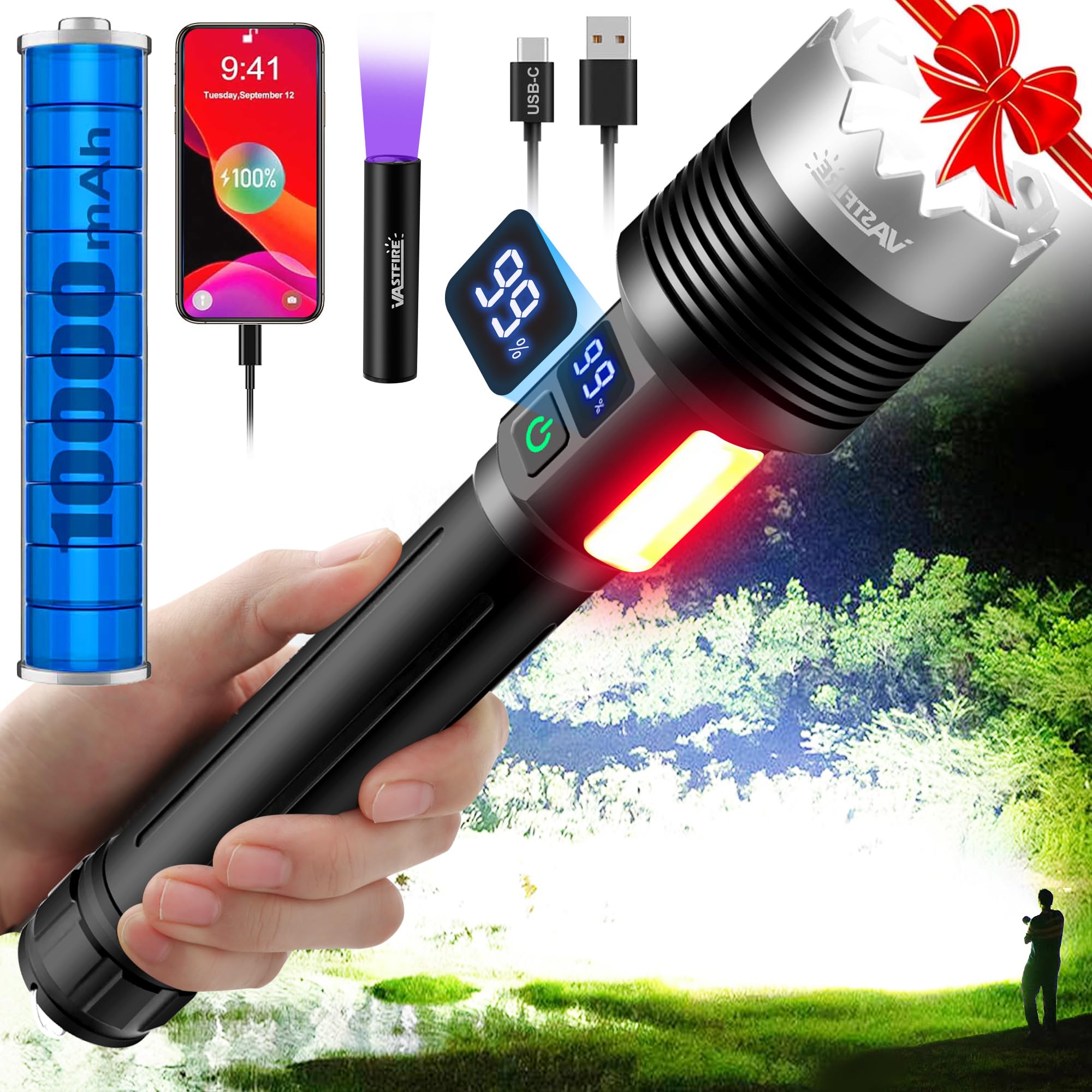 Vastfire Large Brightest Flashlight Aluminum Lumens, 10000Mah Battery, Power Display Best Flashlight  Rechargeable  Mini Uv Light