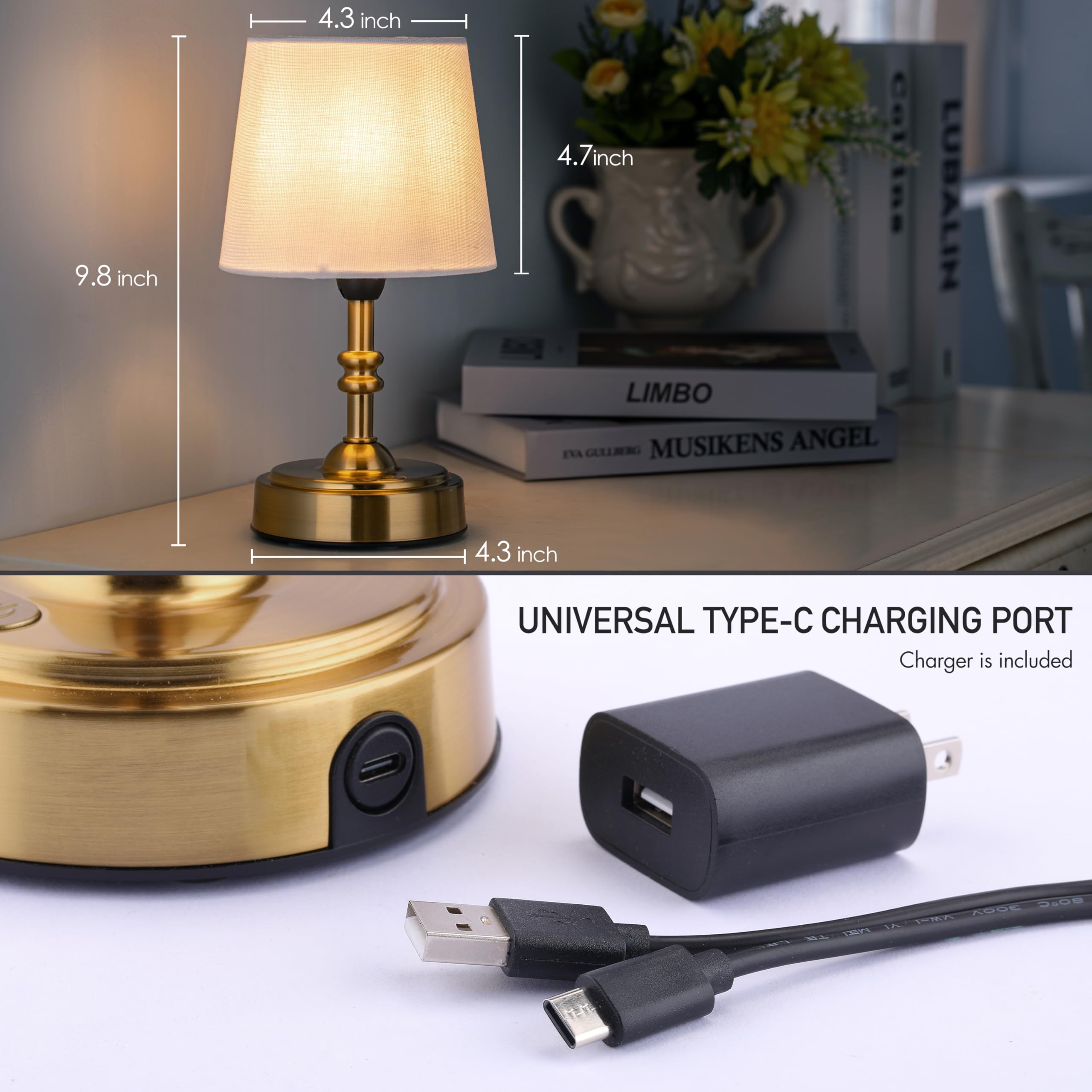 O'Bright O’Bright Seraph Mini – Cordless Led Table Lamp With Dimmer, Built-In Rechargeable Battery, 3-Level Brightness, Patio Table Lamp, Bedside Night Lamp, Ambient Light For Restaurant, Antique Brass