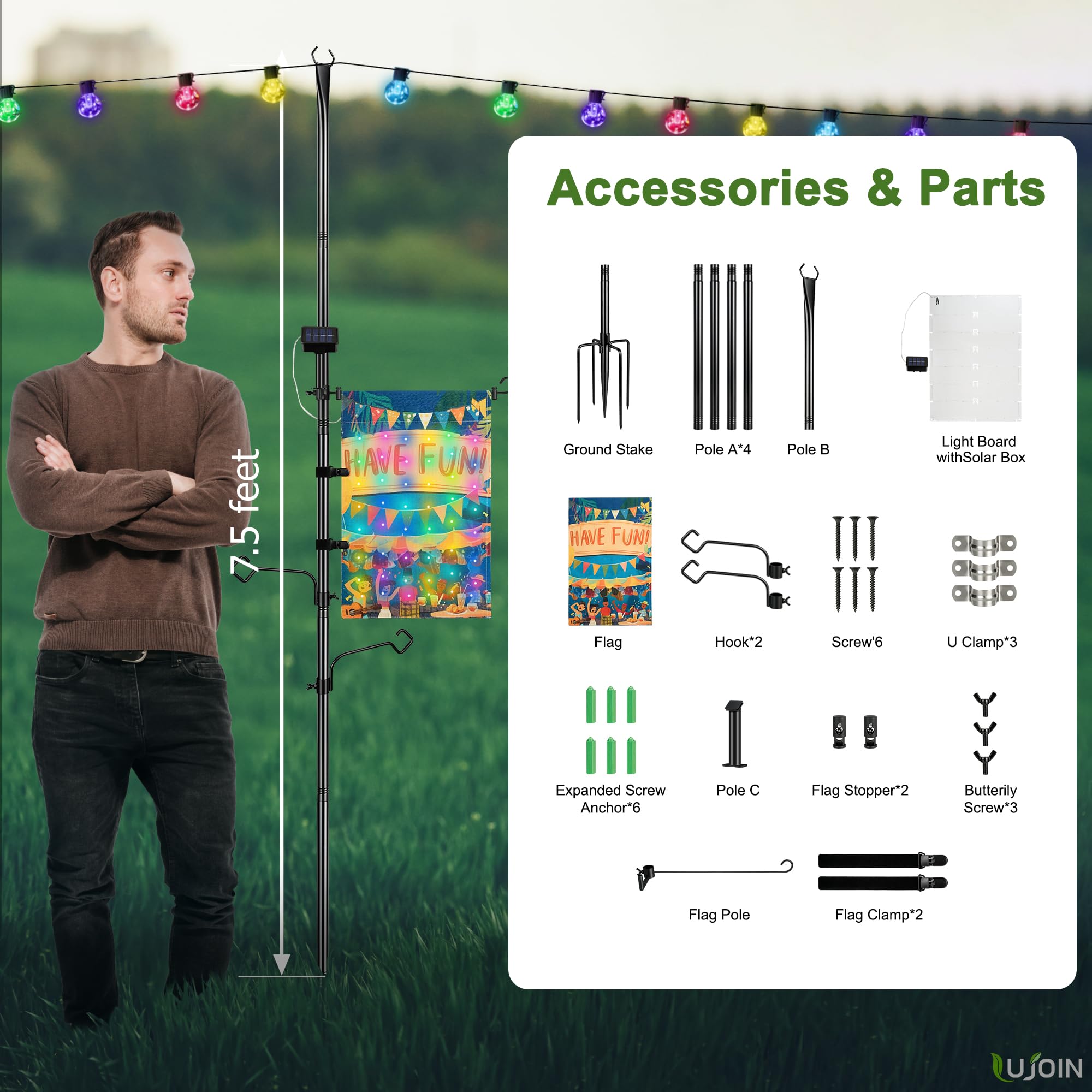 Lujoin 3-In-1 String Light Pole For Outside (2 Pack), Each Pack Includes 2 Hooks, 1 Solar Led Light Board & 1 Party Flag, Heavy Duty Stand For Deck, Patio, Backyard, Wedding