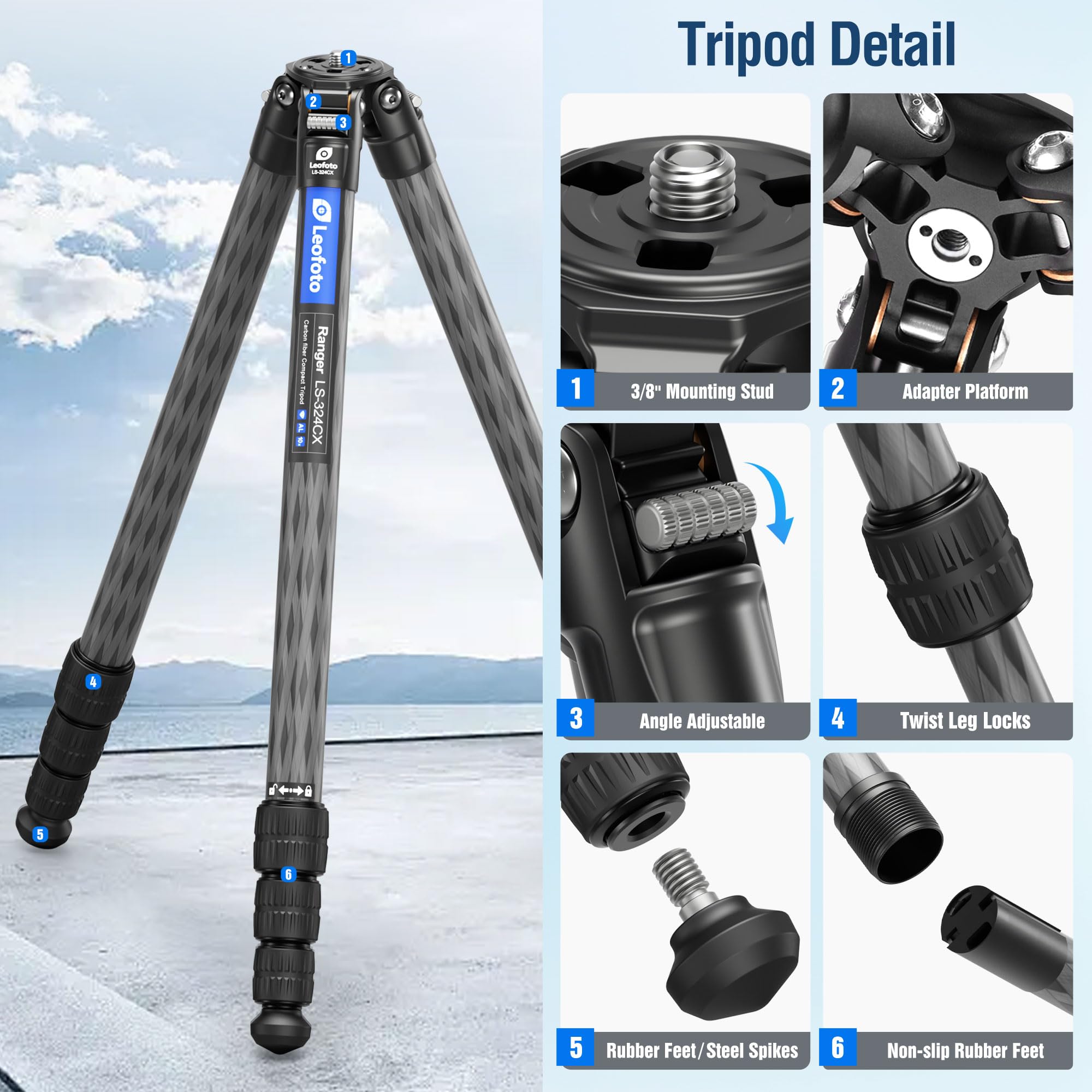 Leofoto Carbon Fiber Lightweight Travel Tripod, 68" Professional Video Tripod For Mirrorless Camera/Dslr With Carry Bag, Max Load 33.07Lb (Ls-324Cx)