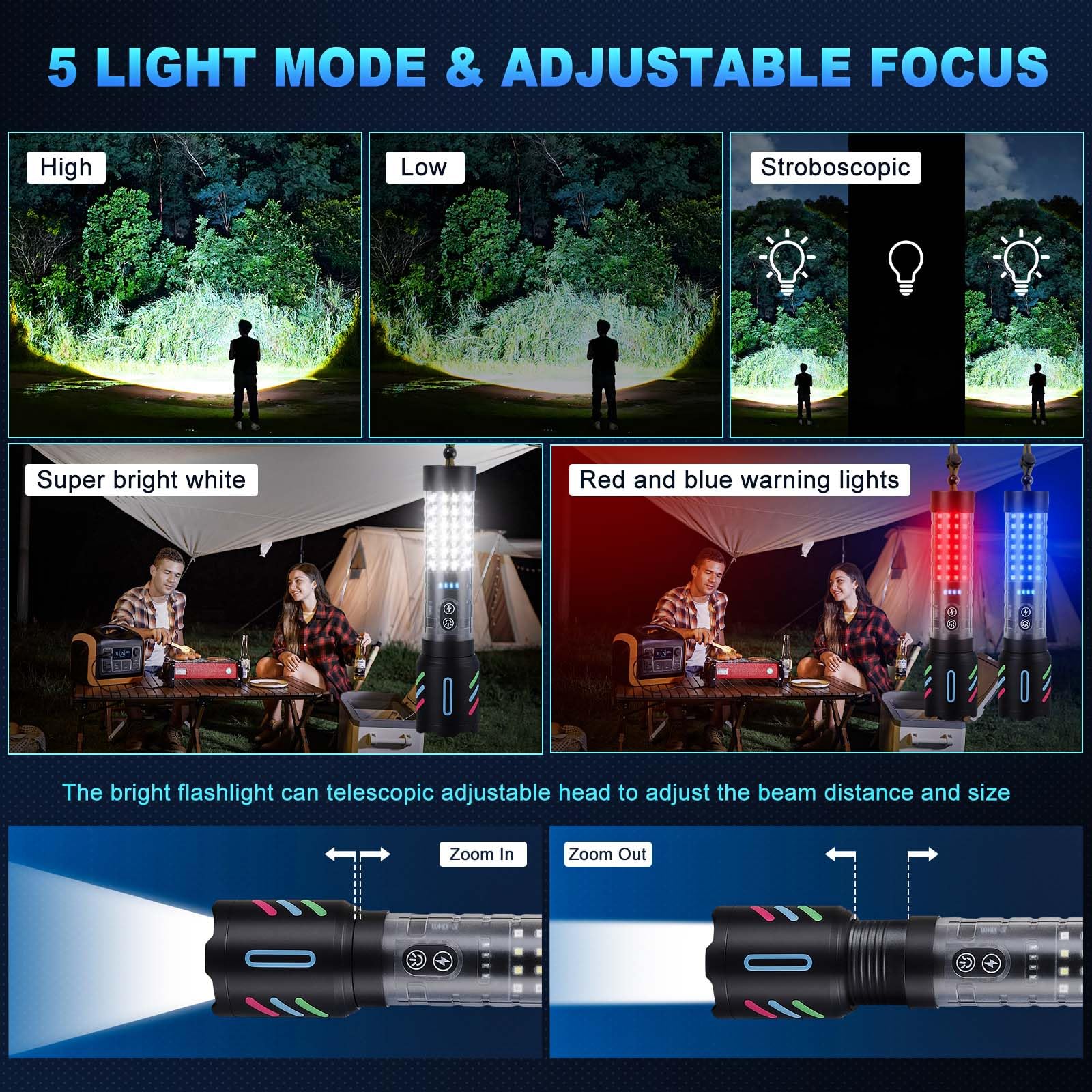 Ciwuzxs High Powered Flashlight, Flashlights High Lumens 5000, Led Super Bright Flashlight, Rechargeable With Large Side Lights, Adjustable, Waterproof, For Emergencies, Camping, Hiking