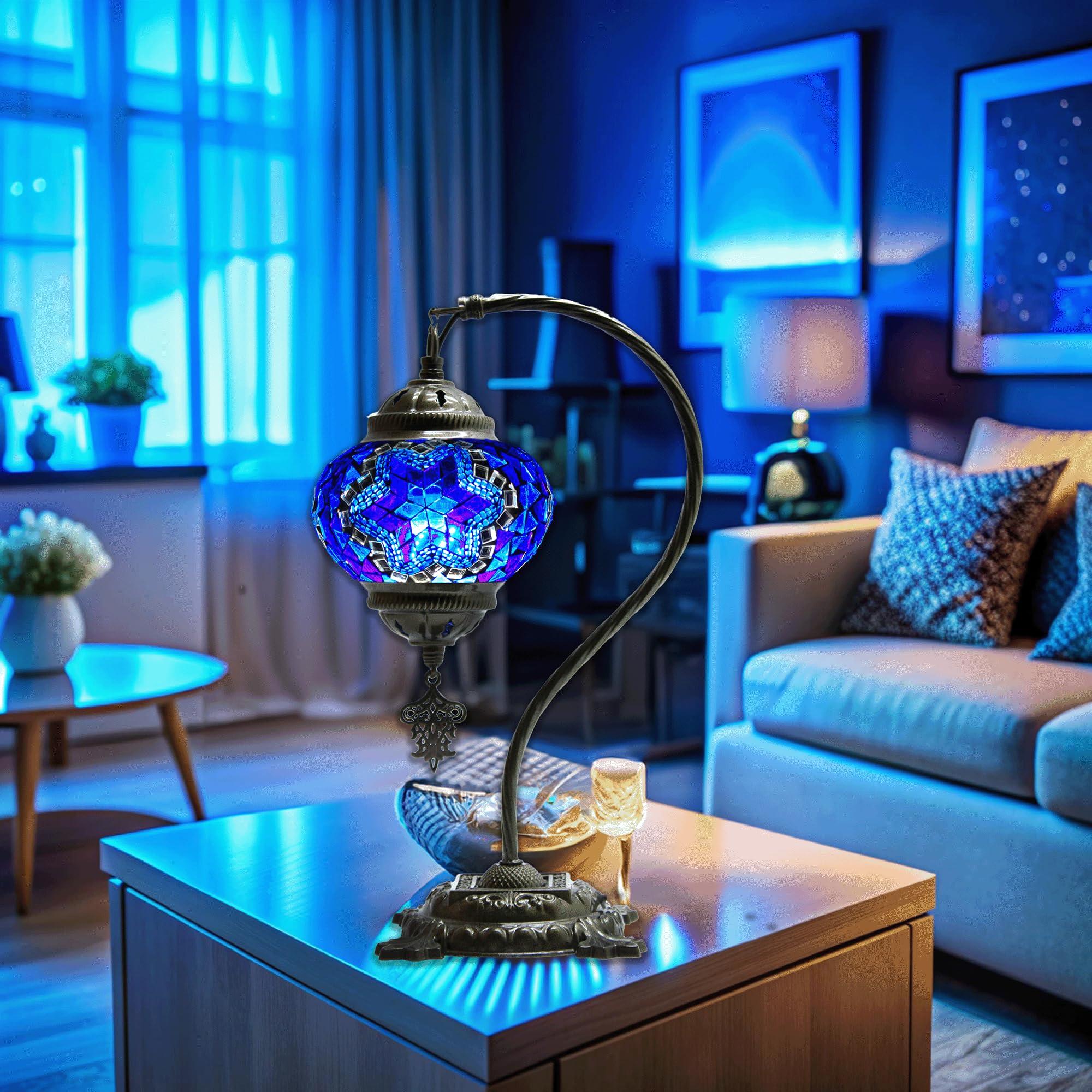 Byturkishlamps Turkish Mosaic Handmade Blue Lamp, Moroccan Swan Neck Table Tiffany Boho Lamps, Bedside Bohemian Rustic Gooseneck Light For Bedroom, Living Room Us Plug & E14 Socket (Azure Glow)